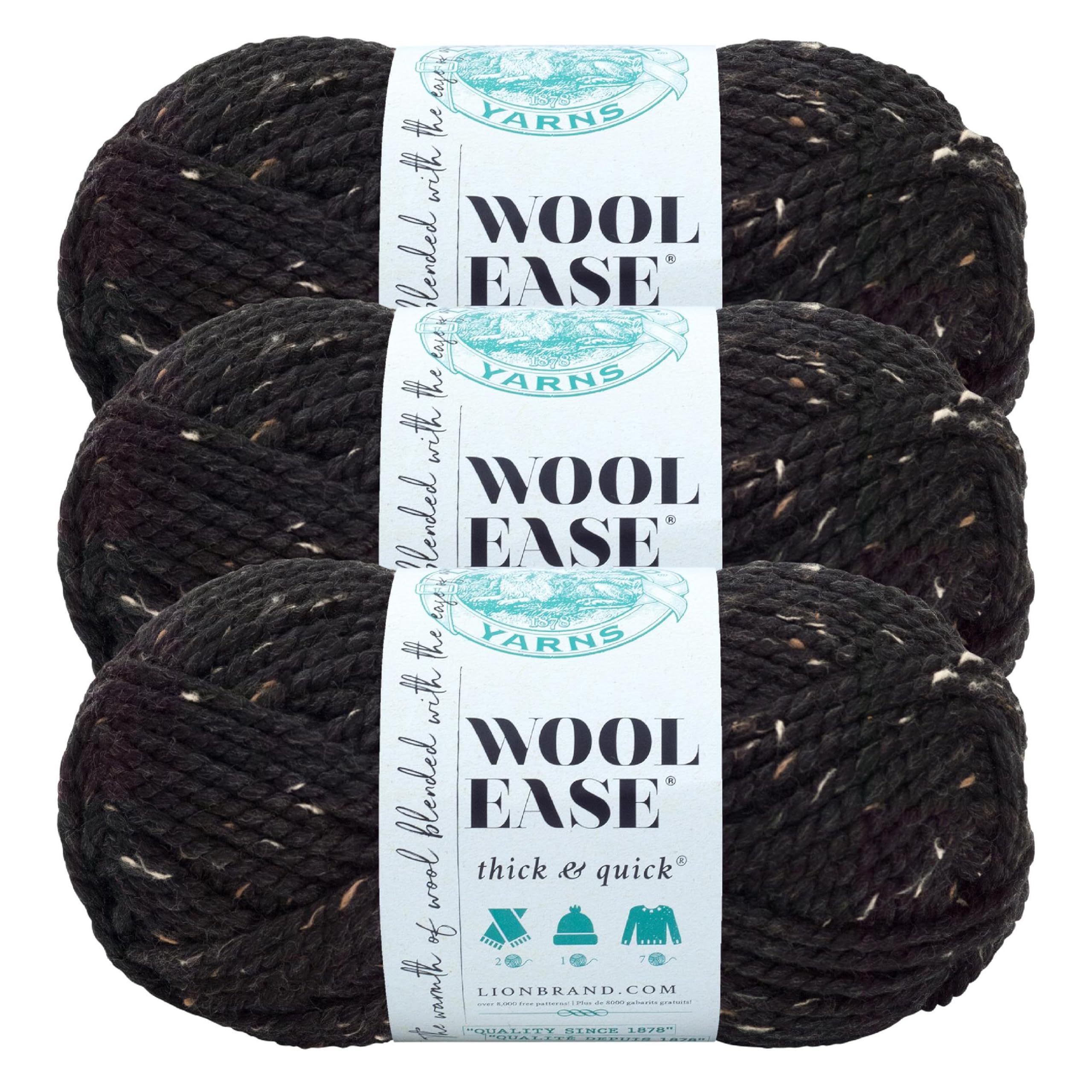 Lion Brand Yarn, Wool-Ease Thick &amp; Quick Yarn, Obsidian Black Tweed, 3 Pack