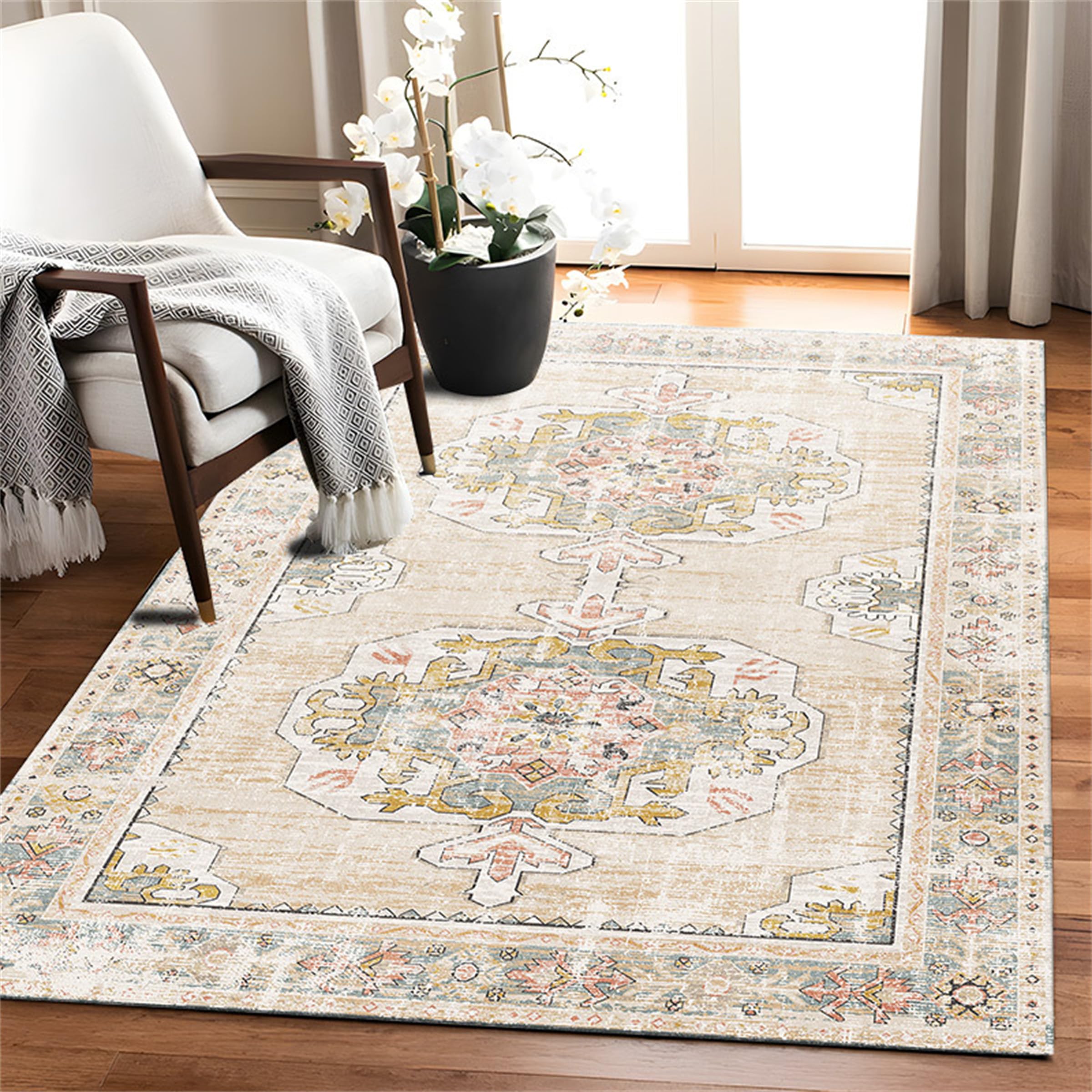 Tapis de sol moderne floral beige grand format pour table à café