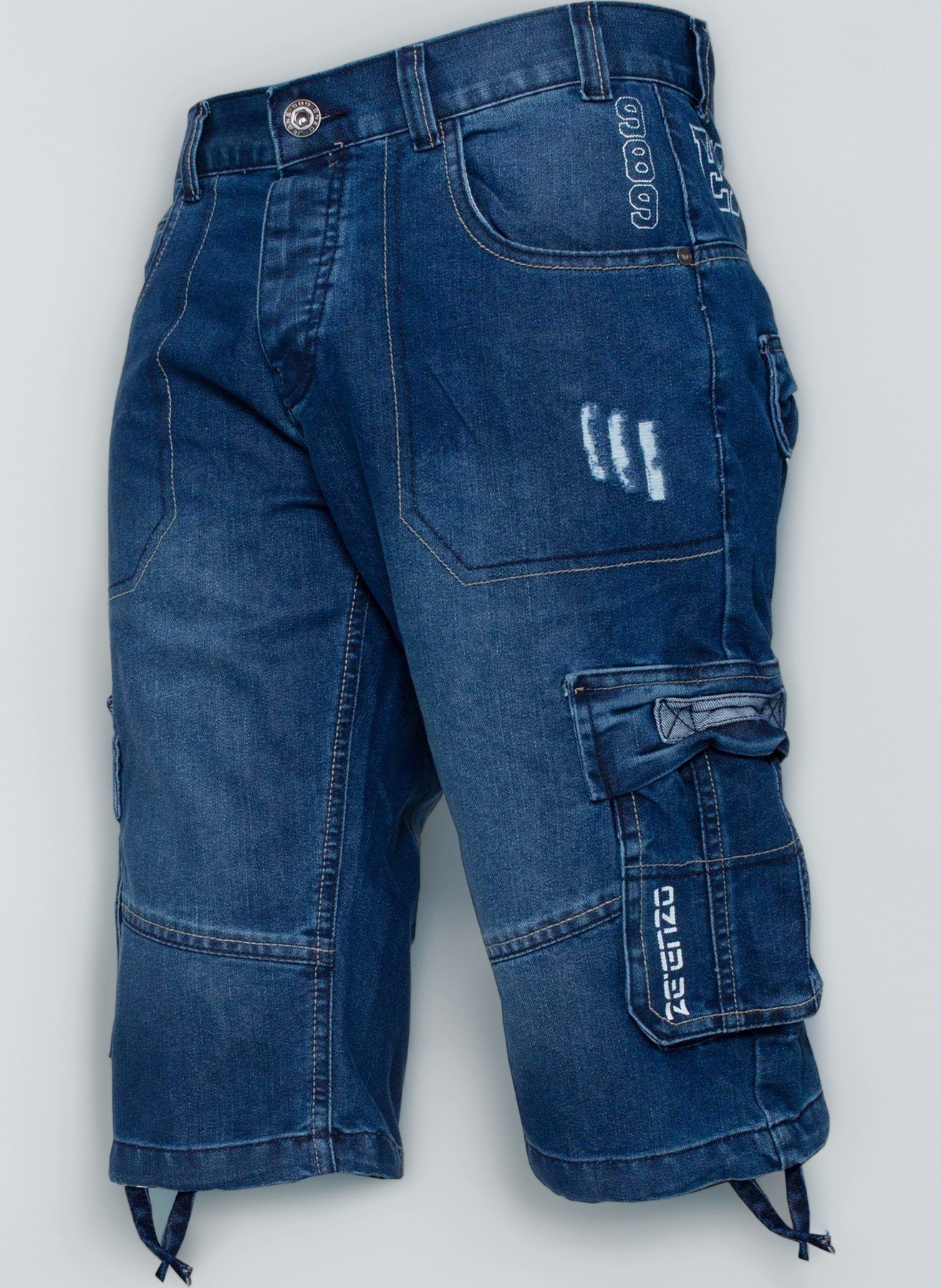 Enzo Mens Combat Shorts Cargo Pockets Casual Knee Length Jeans Denim Pants