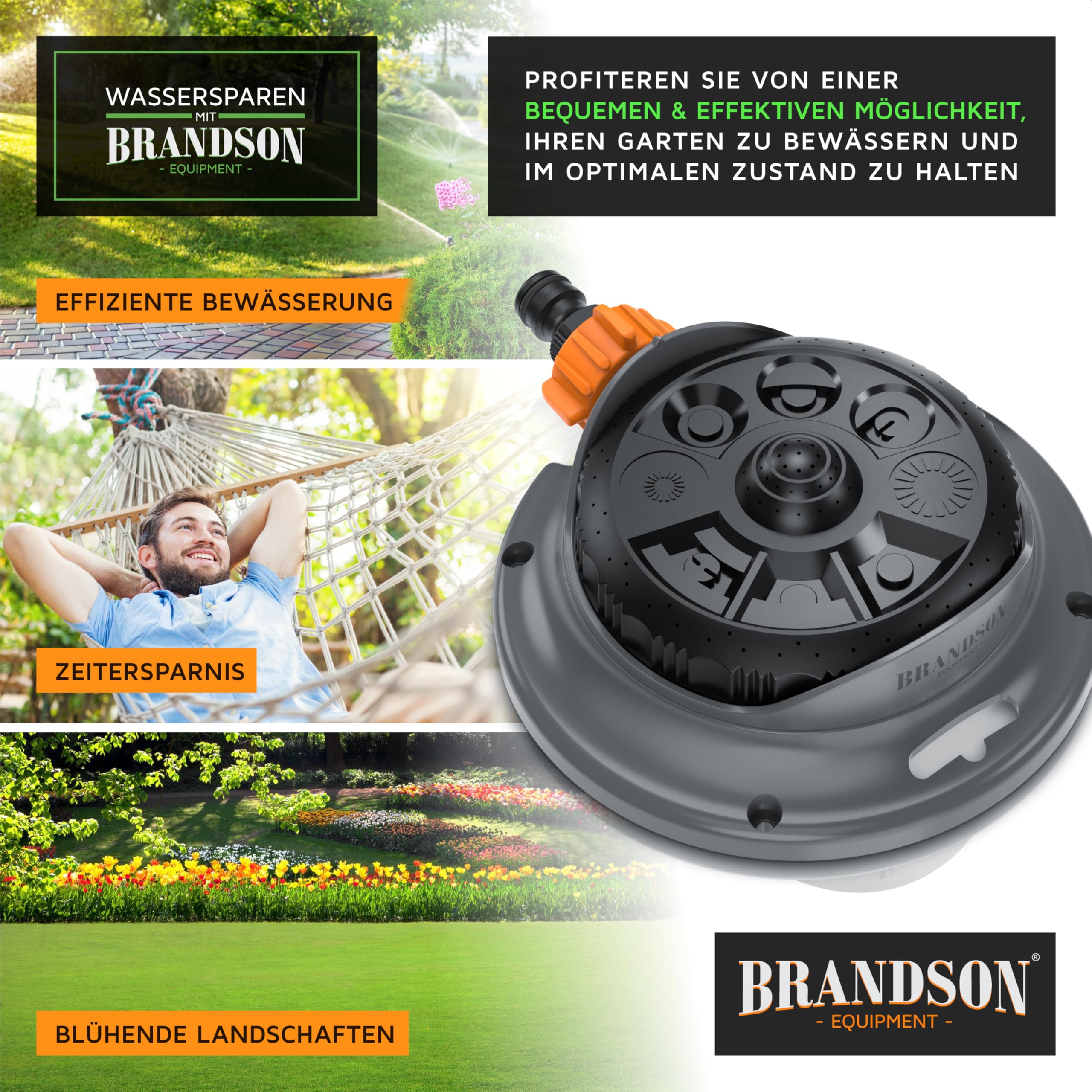 Brandson - Rasensprenger 3/4 Zoll - Rasensprinkler Flächenregner - Garten Sprinkler - 8 verstellbare Sprühformen - 110 m² Beregnungsfläche – Viereckregner - Schnellkupplungsadapter