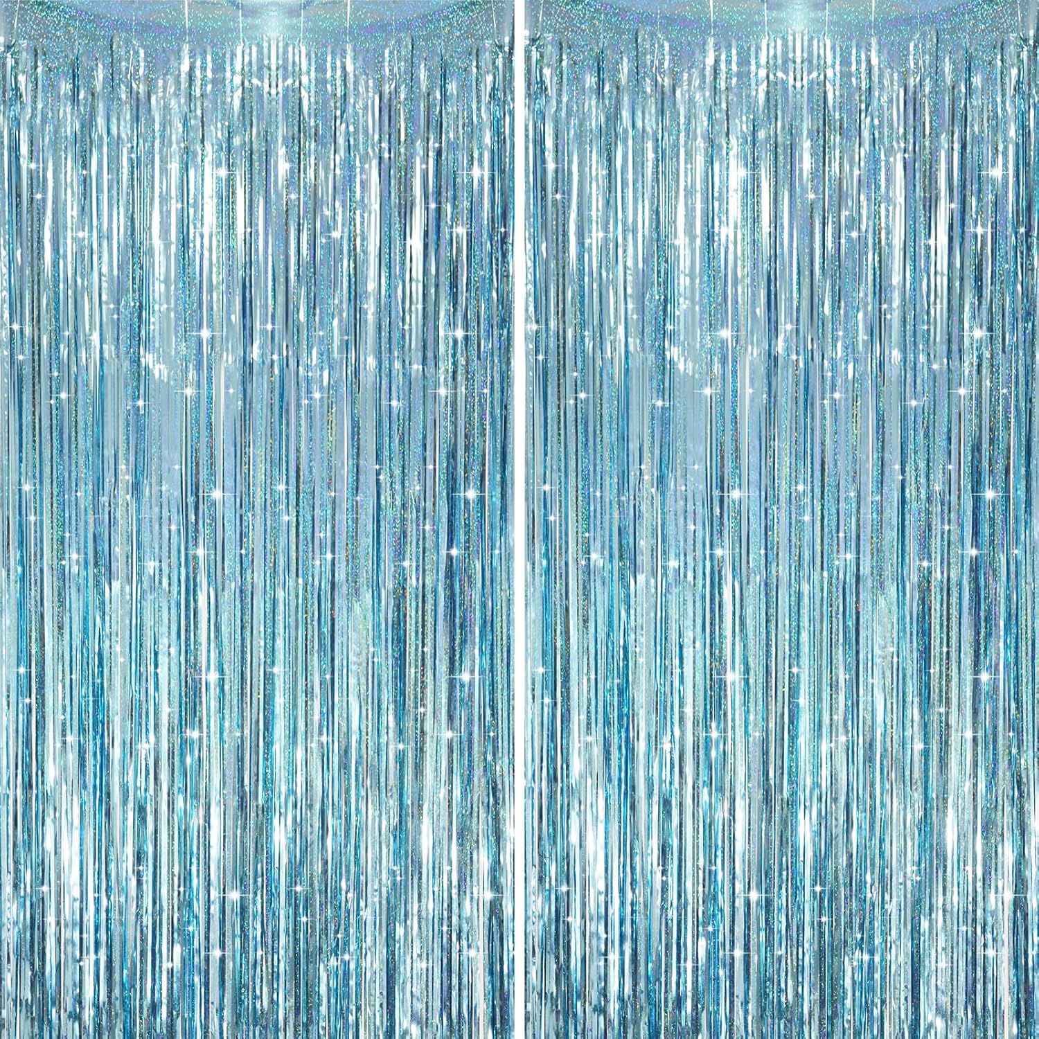 2 Pack Laser Light Blue Foil Fringe Curtains, Tinsel Streamers Birthday Party Decorations, Fringe Backdrop for Kids Birthday, Sea, Blue Theme Party