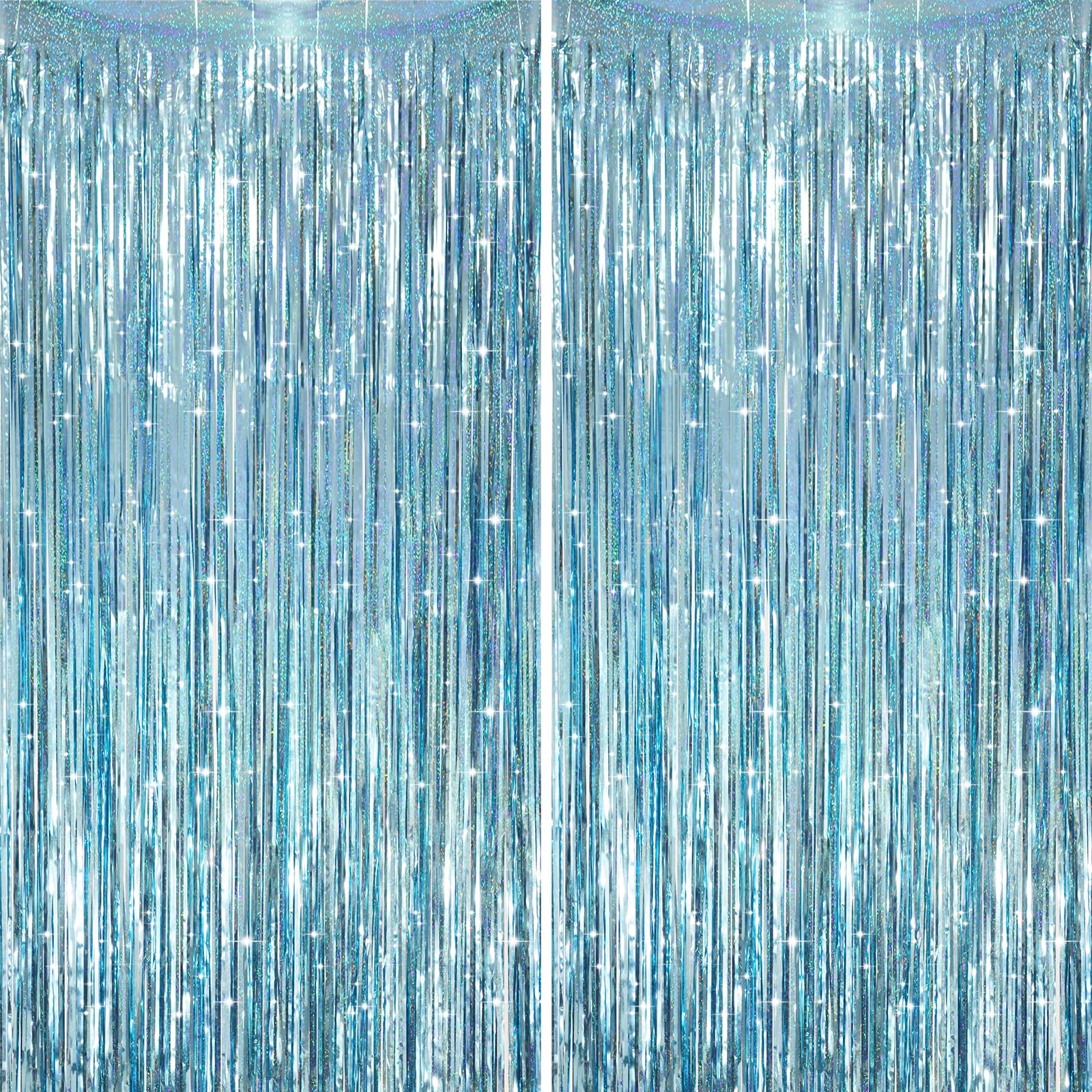 Voircoloria 2 Pack Laser Light Blue Foil Fringe Curtains, Tinsel Streamers Birthday Party Decorations, Fringe Backdrop for Kids Birthday, Sea, Blue Theme Party