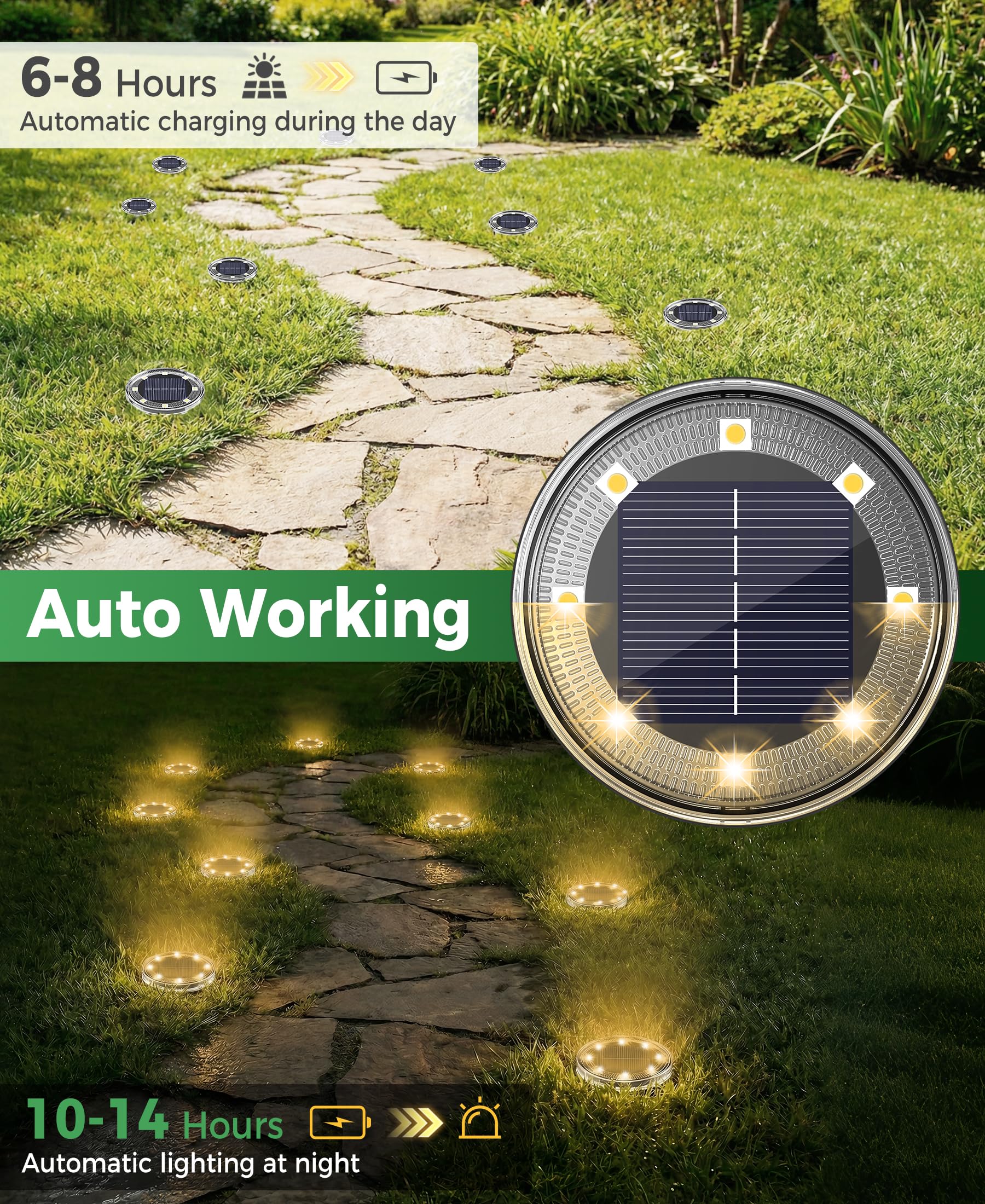 LOTMOS 12 Paquetes Luces Solares LED Exterior Jardin Suelo, 8 LED Impermeable Luz Solar Exterior Jardín, Lamparas Solares Suelo Camino, Terraza, Patio, Césped, Blanco Cálido