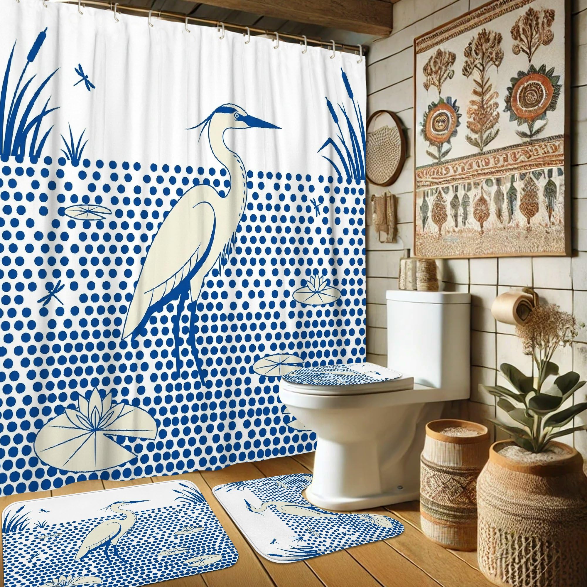Rideau de douche imperméable et tapis assorti motif lys bleu