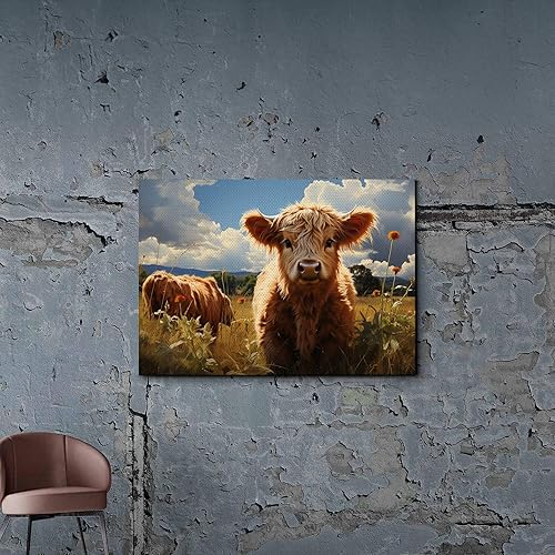Highland Cow Wall Art, This Is Our Happy Place Inspirational Canvas Poster for Home, Long Haired Scottish Cow with White Flower Picture Farmhouse