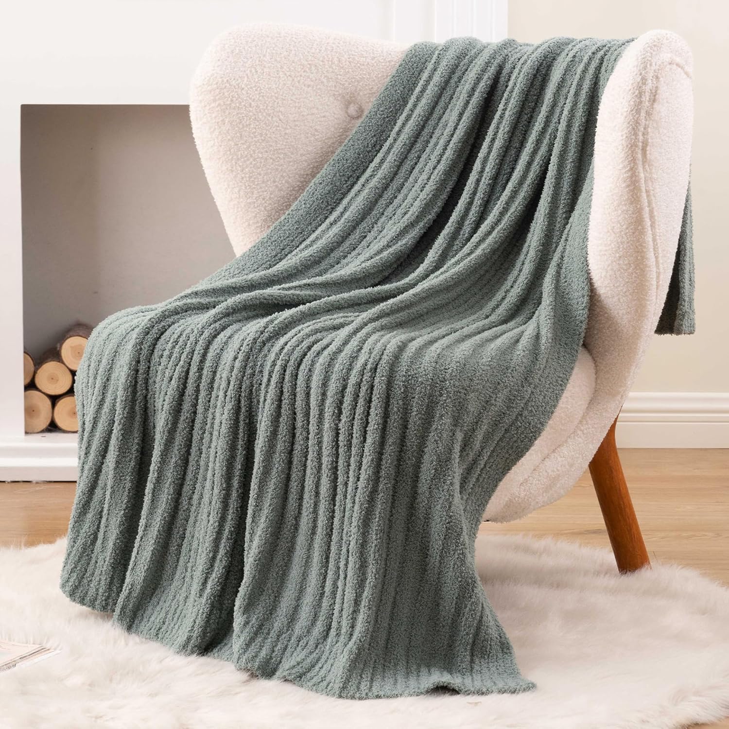 BATTILO Fluffy Soft Throw Blanket for Couch, Knit Fuzzy Plush Sage Green Throw Blankets, Cozy Warm Lightweight Blanket for Bed, Sofa, Home Decor, 50"x60"