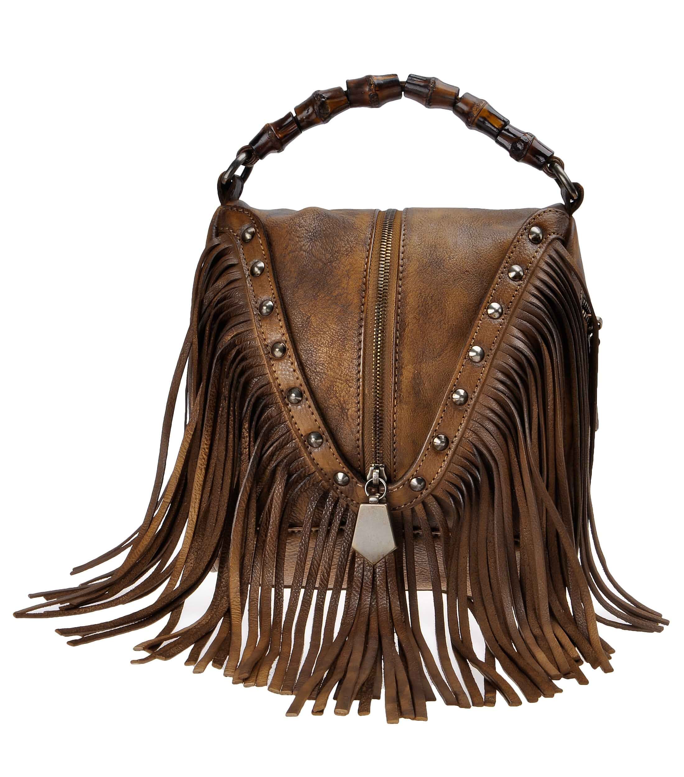 ZLYC Women Leather Fringe Crossbody Bag Boho Bamboo Handle Studded Handbag bamboo handle decoration,ideal for travel,street styling & portrait shoots,adjustable shoulder strap,roomy daily storage