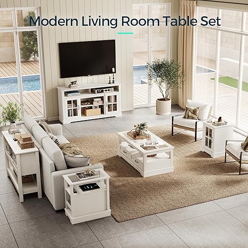 Miniatura 7 de LINSY HOME Mesa auxiliar con estación de carga, mesa auxiliar moderna con armario de almacenamiento y estante ajustable, mesa de sofá pequeña para