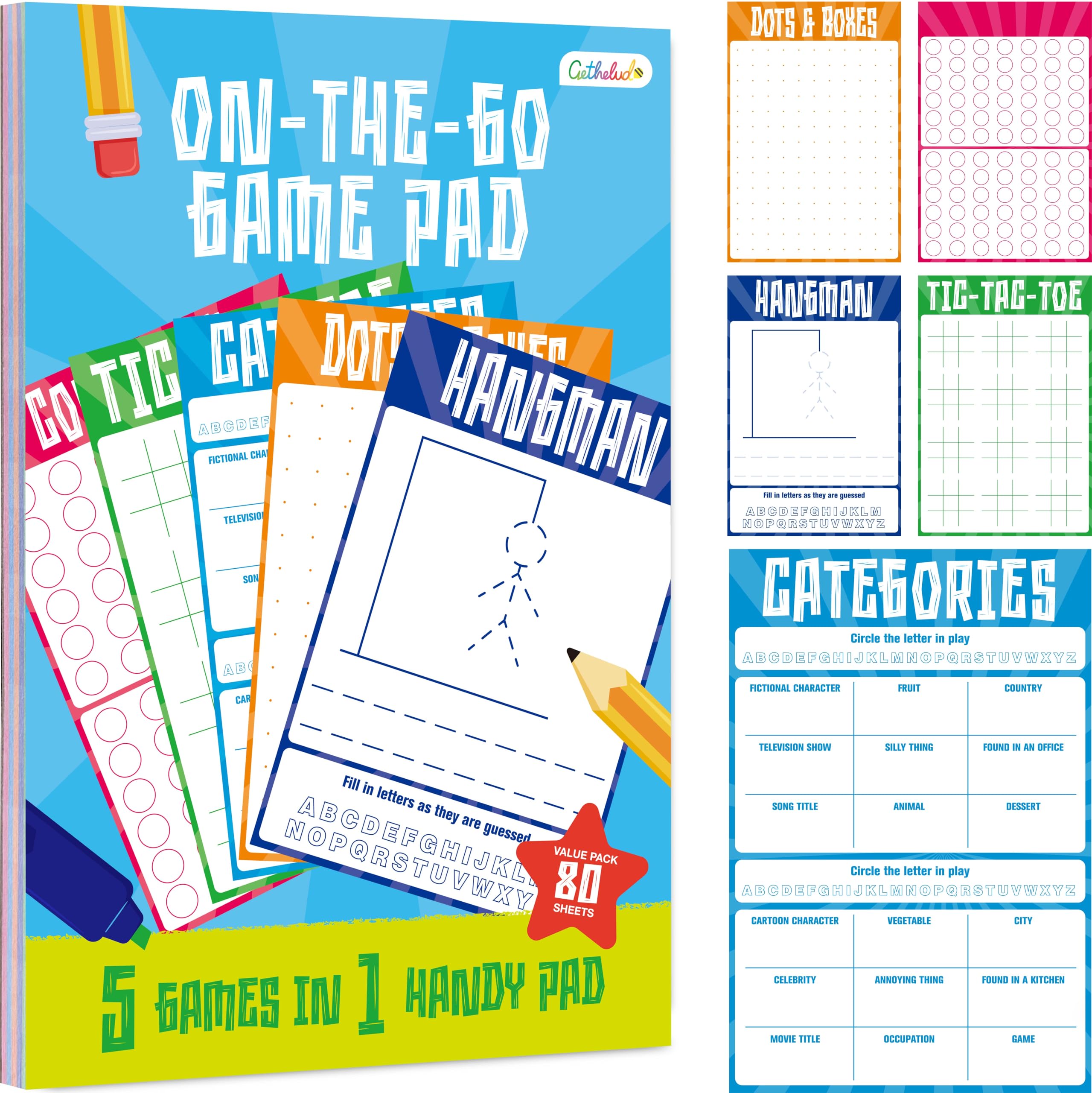 Road Trip Game Pad, 80 Perforated Sheets Travel Activity Pad, 5 Games in 1 Pad, Plane, Car Trip Activity, Pen Pencil & Paper Game for Kids, Adults (6" x 9")