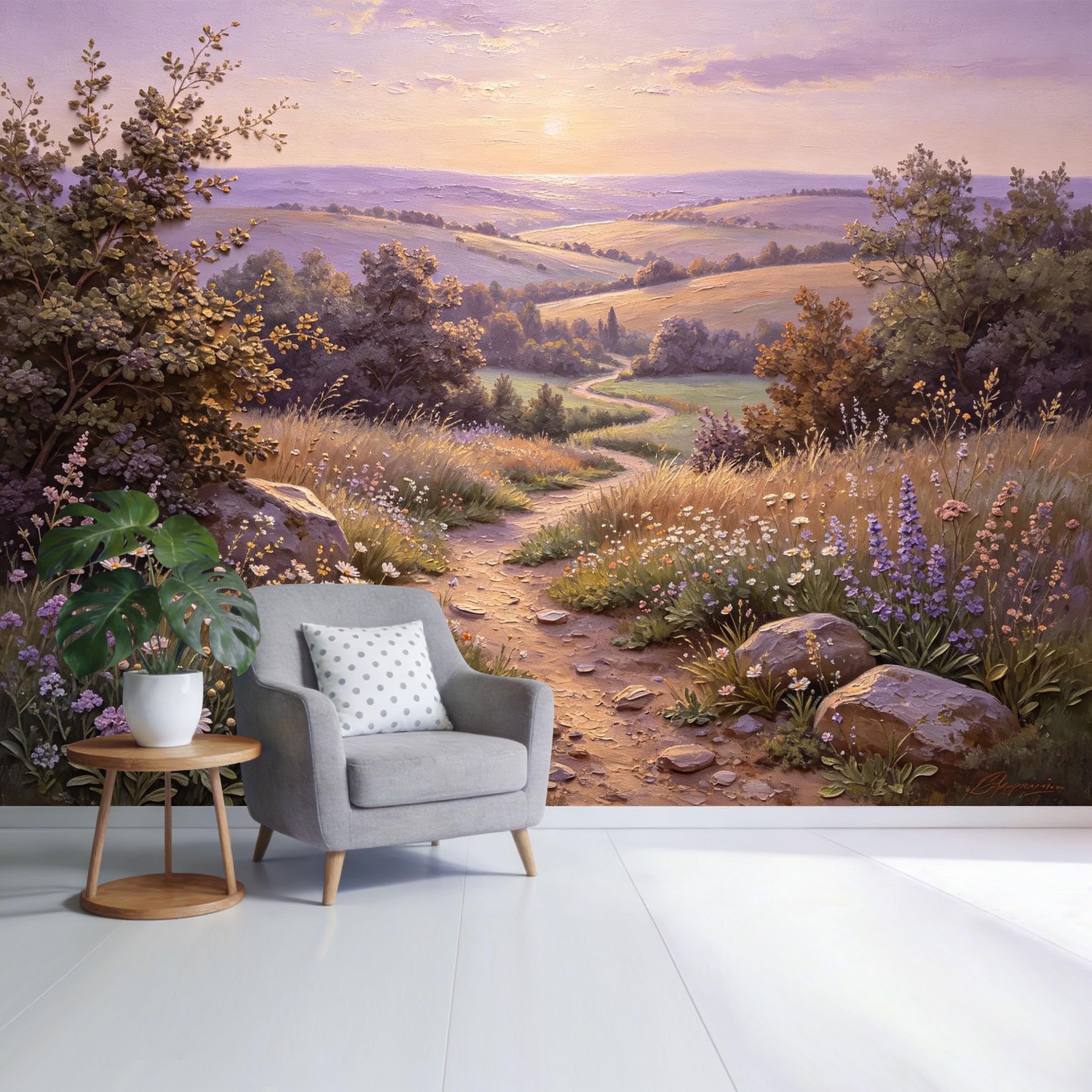 Custom Size Wall Mural Sunset Meadow Path Landscape Oil Painting Style Countryside Floral Field SelfAdhesive Wall Fabric Removable Wallpaper for Home Office Decor