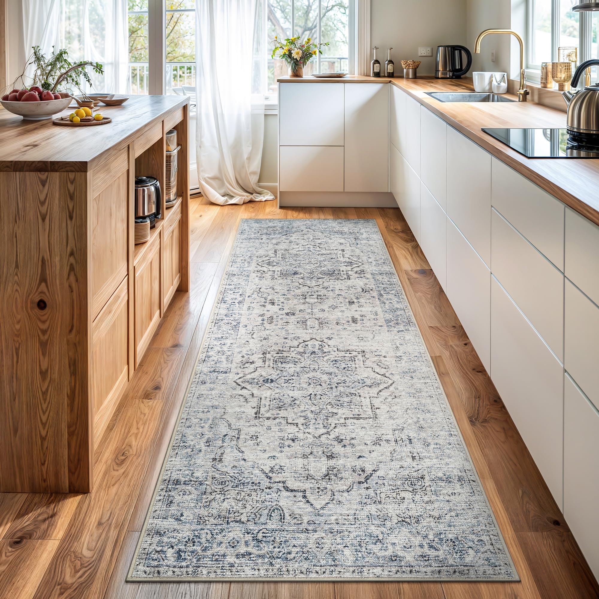 Bloom Rugs Caria Washable Non-Slip 12 ft Runner - Ivory/Blue/Gray Traditional Runner for Entryway, Hallway, Bathroom, and Kitchen - Exact Size: 2'6" x
