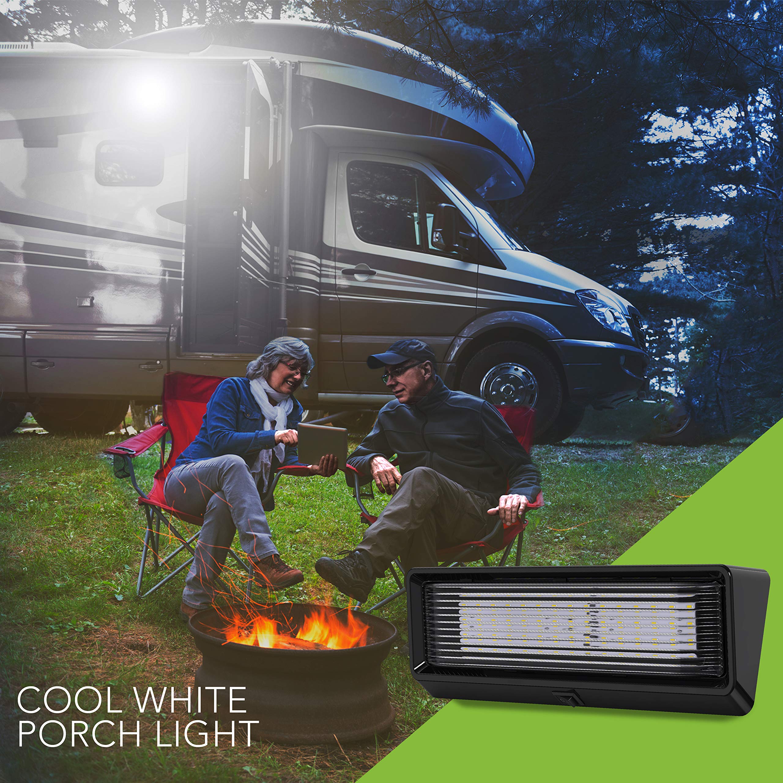 Luz de utilidad para porche exterior RV con interruptor XL 12 V 650 lúmenes. Iluminación de repuesto para caravanas, remolques, campistas, 5ª rueda XXXX base transparente (negro, paquete
