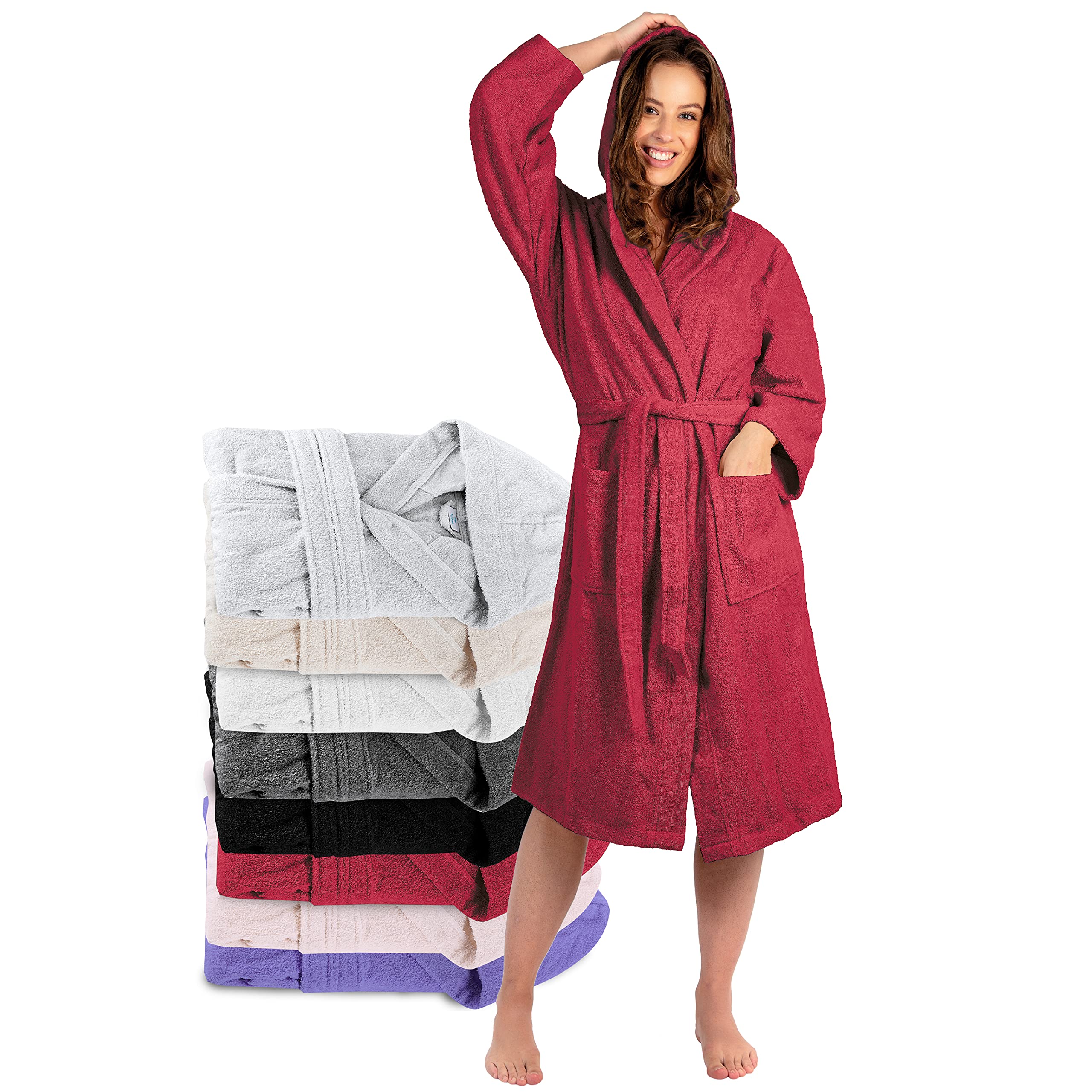 Twinzen Acappatoio na Donna con Cappuccio w Spugna Certificato Oeko Tex - XS, 2 Tasche, Cintura - Vestaglia - na Uscire dalla Doccia, Assorbente et Confortevole