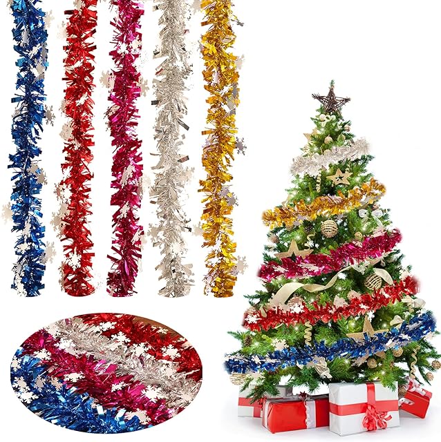Micacorn Tinsel Garland Decorations, 5 Pcs Snowflake Tinsel Garland 30 Feet/9M Christmas Garland Classic Shiny Soft Foil Tinsel for Christmas Tree Wreath Birthday Wedding Party Decorations