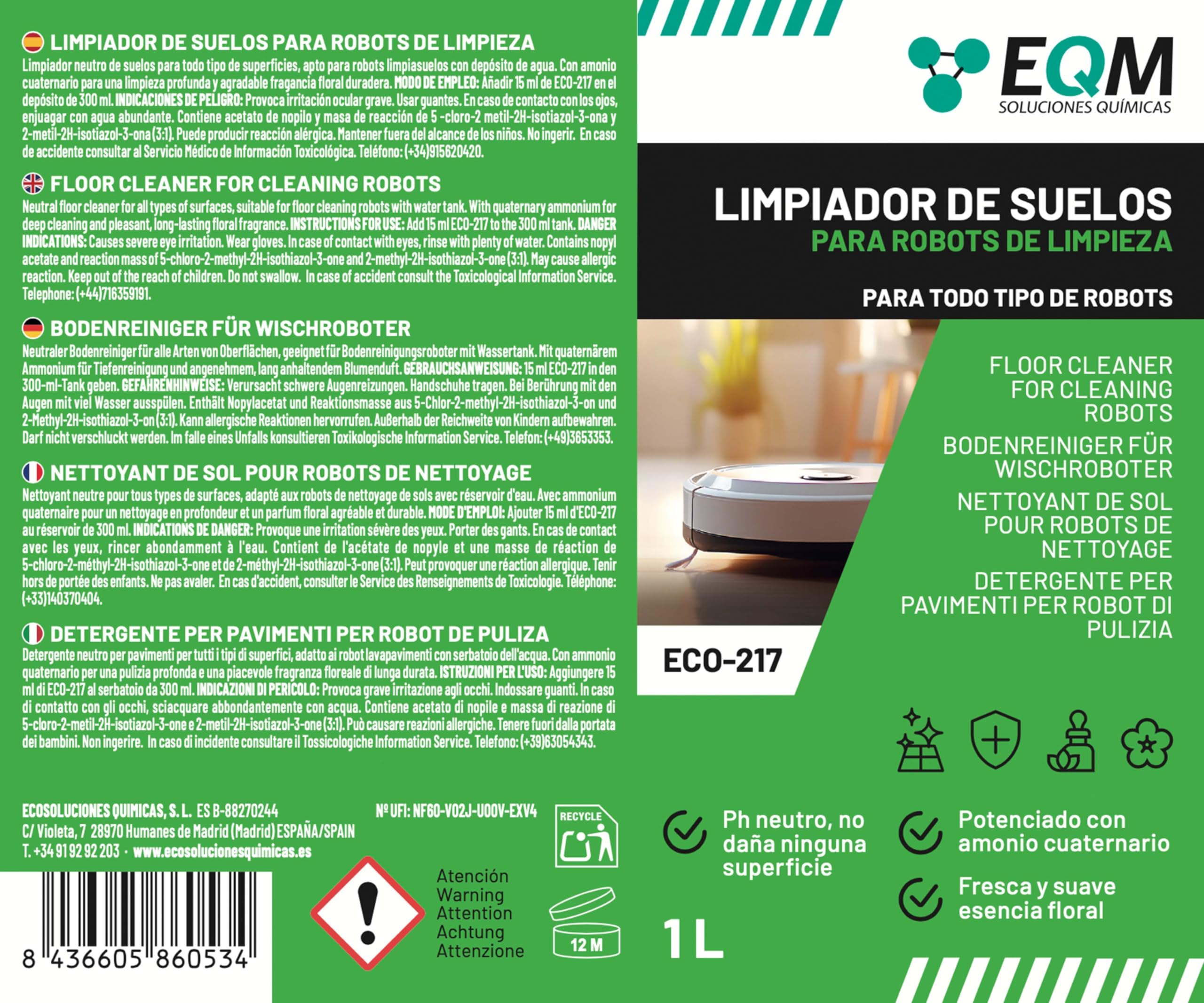 EQM - ECO-217 - Limpiador de Suelos para Robots de Limpieza - 1L - Válido para Cualquier Superficie gracias a su pH Neutro - Aroma Floral