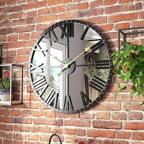 Reloj de pared moderno con espejo, gran decoración de pared retro vintage, marco de metal, reloj silencioso grande que no hace tictac para