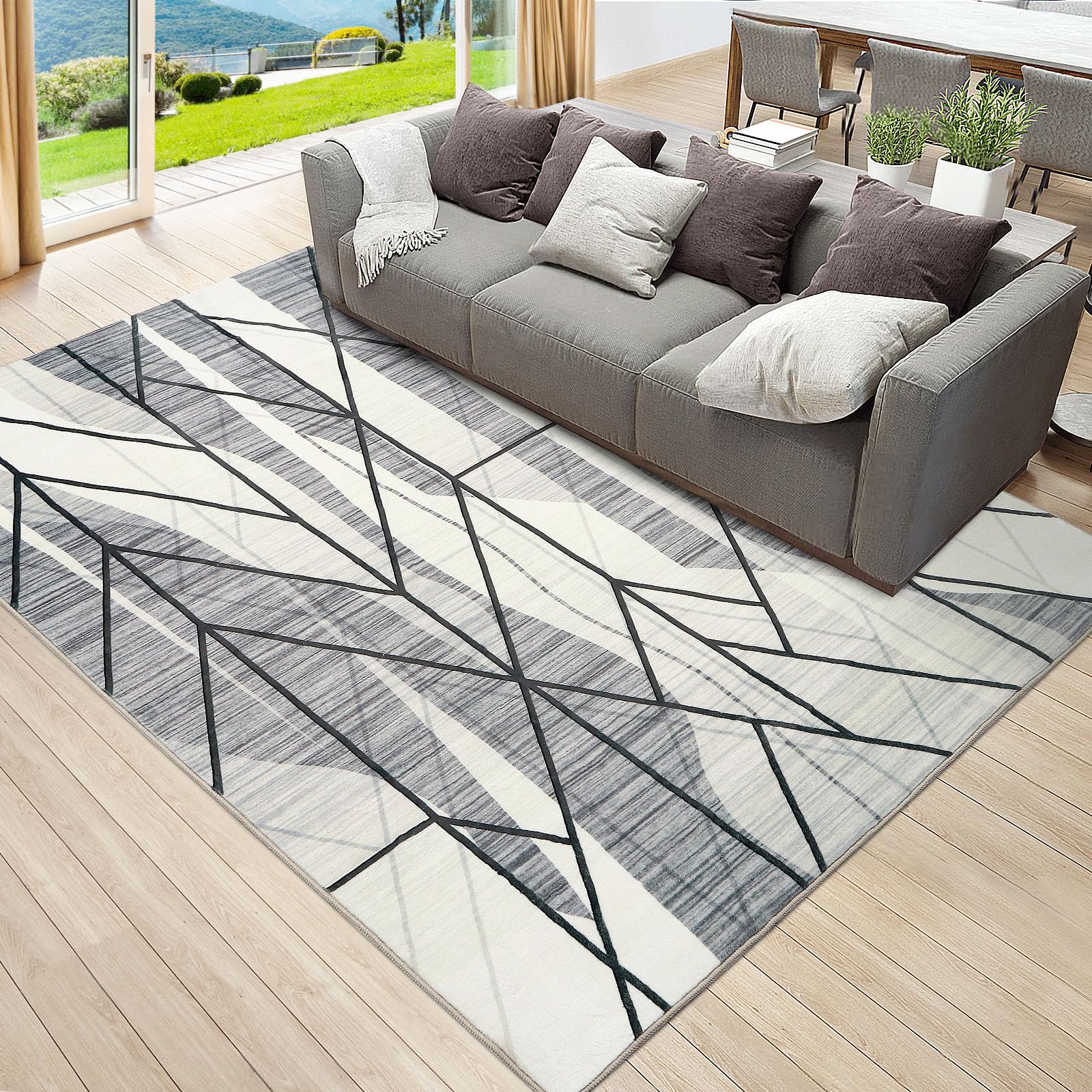 Betadistor Large Rugs for Living Room - Abstract Geometric Design Rug Living Room, Large Size Soft Touch Short Pile Carpet, Non Shedding, 4ft x 5.3ft, Grey Line, 302-02120 — image 1