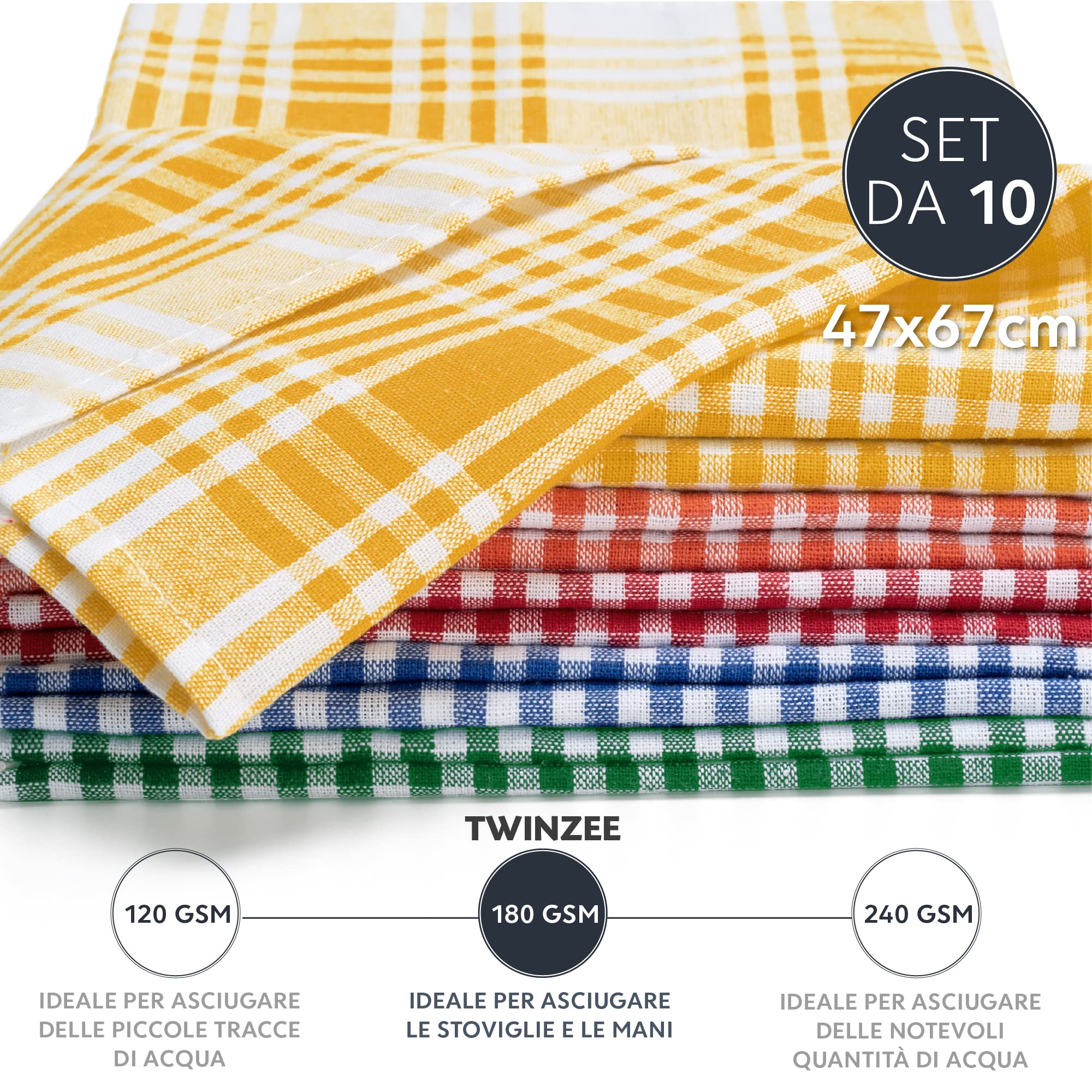 Twinzee Strofinacci Cucina Cotone (Set da 10) Quadretti - 100% Cotone - 47 x 67 cm - design retrò - Asciuga Piatti e Mani - 2 Blu, 2 Rosso, 2 Verde, 2 Arancione, 2 Giallo