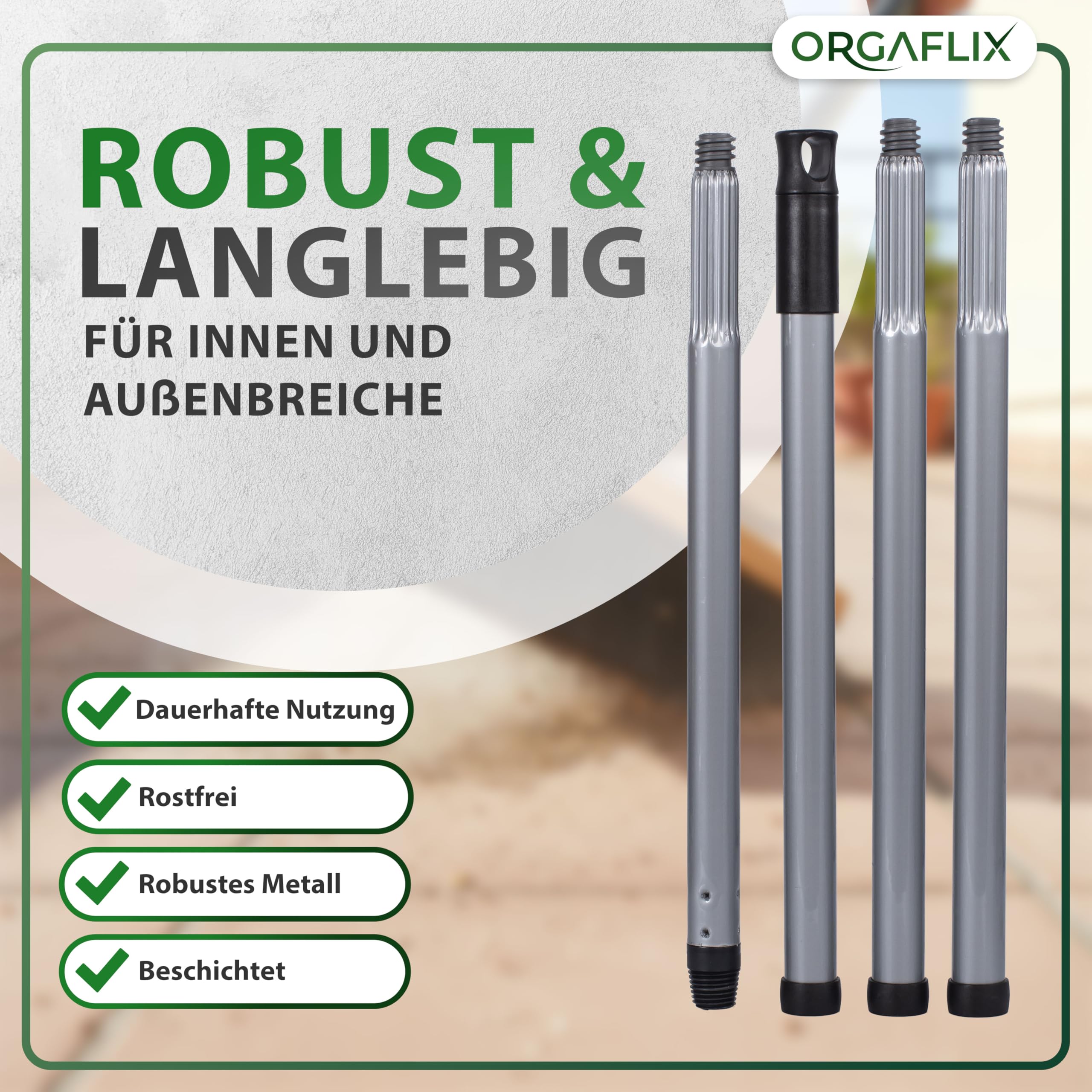 ORGAFLIX Manche de balai de qualité supérieure avec filetage de 24 mm, réglable de 60 à 130 cm, utilisation universelle pour balais, balai de route et balai industriel, manche en métal stable en gris