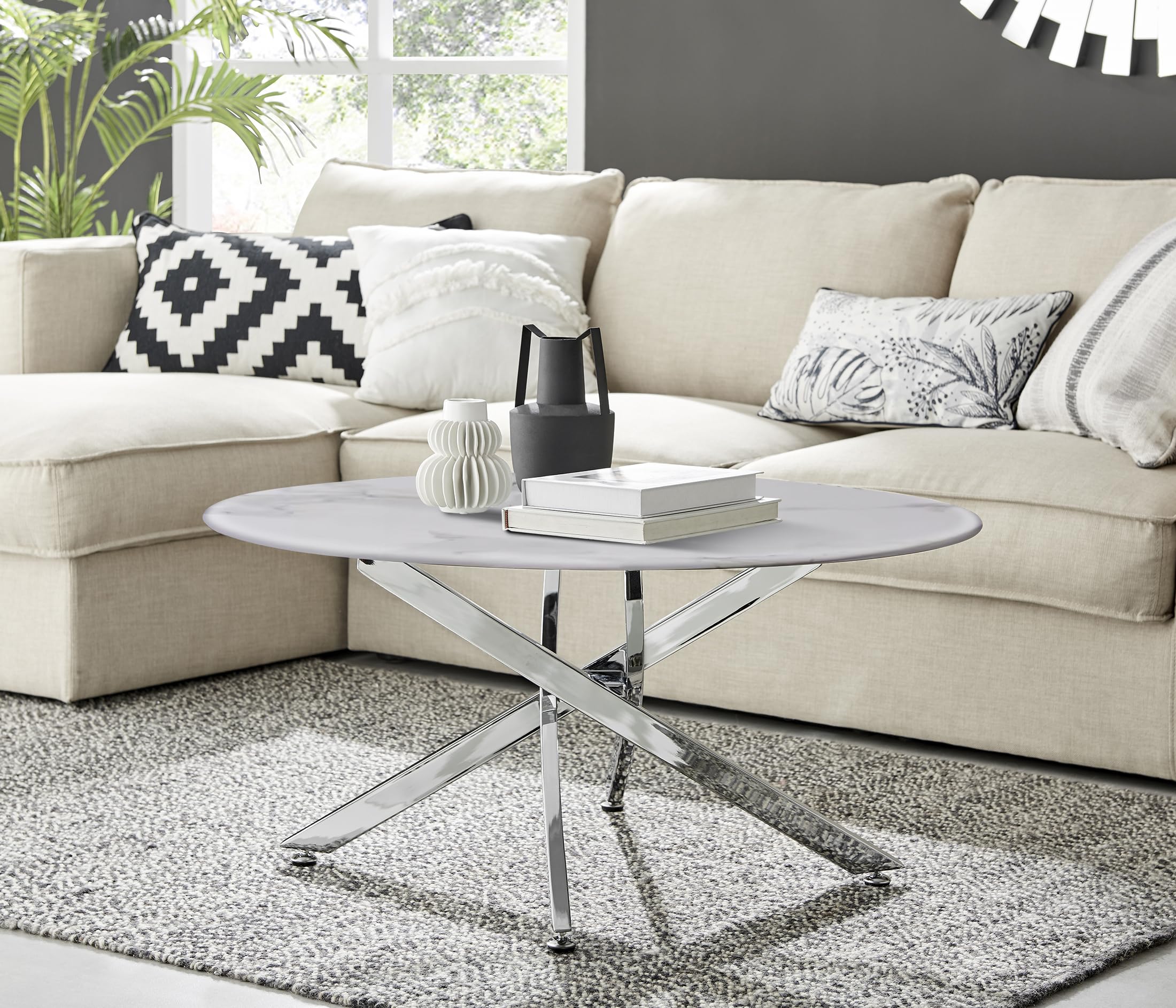 Furniturebox UK Novara Glass White Marble Effect Round Coffee Table - Shiny Silver Chrome Legs In Stylish Nested Starburst Design - Modern Living Room Furniture for Contemporary Homes