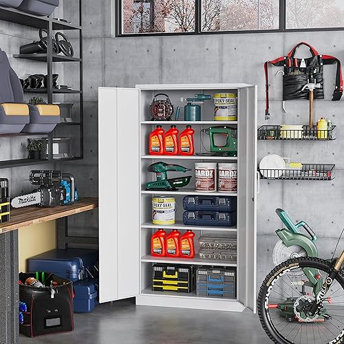 Miniatura 35 de STANI Armario de almacenamiento de metal para garaje con cerradura, archivador de acero con cerradura de 71 pulgadas, gabinete de almacenamiento de
