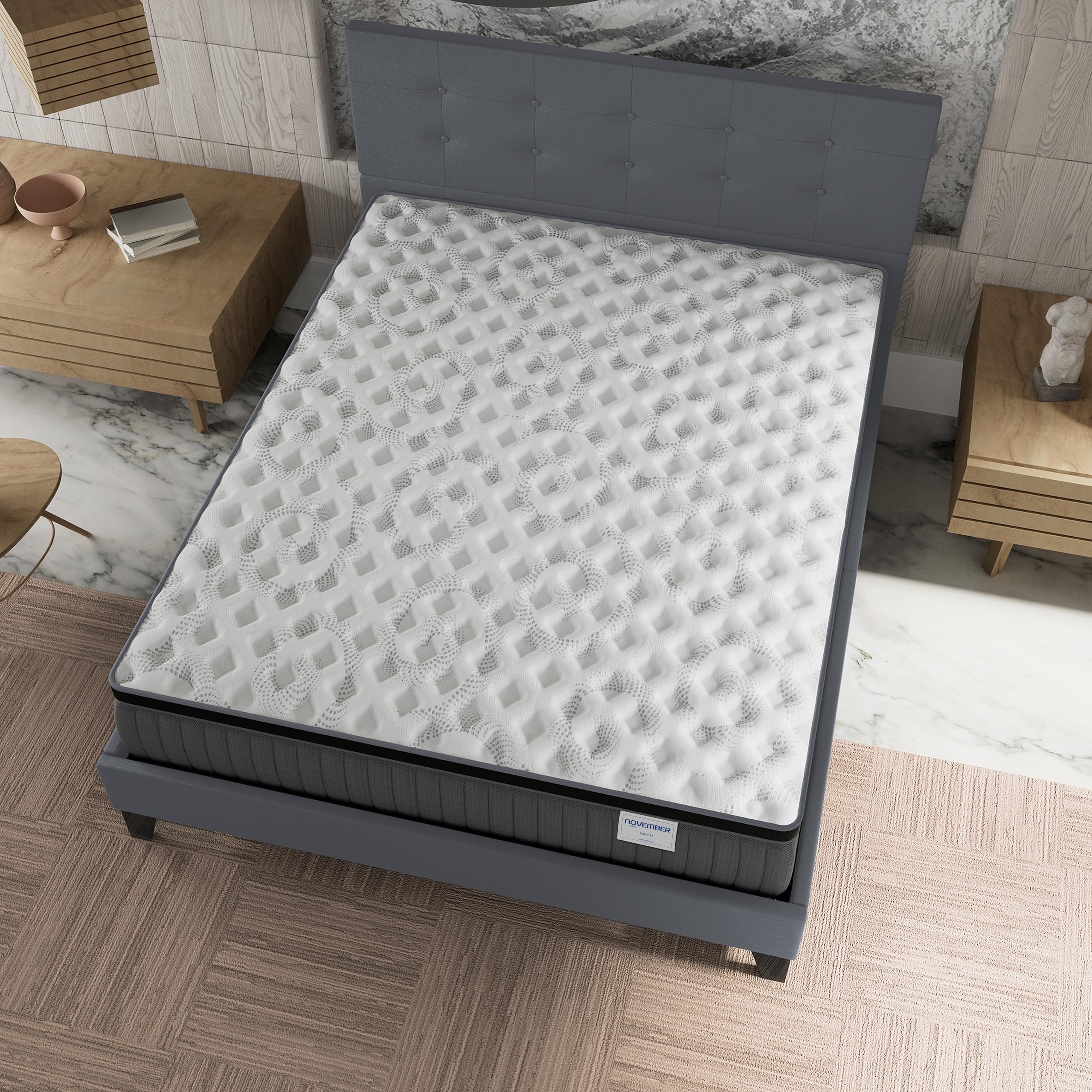NOVEMBER- Ensemble Matelas + LIT (140x200cm)- Matelas Elekctra Ressorts ensachés & mémoire de Forme Épaisseur 30cm + Sommier Bois Stable & Robuste revêtement synthétique Gris