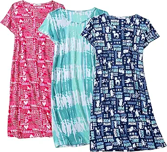 FEREMO 3 Pack Nightgowns for Women Soft Cotton Short Sleeve Night Shirts Womens Print Sleep Shirts Sleepwear
