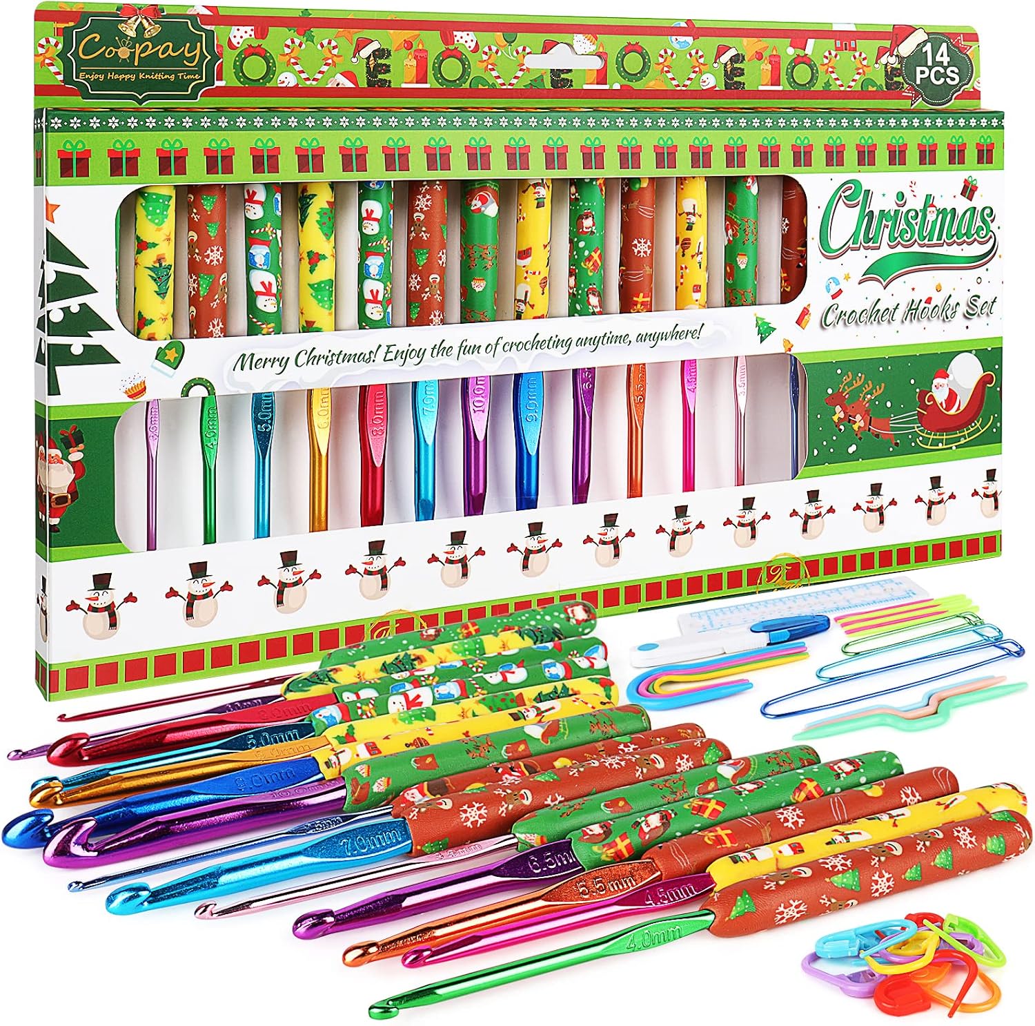 Coopay Crochet Kit Christmas Crochet Gifts -14PCS Warm Crochet Hooks Christmas Art Comfy Grip Crochet Set for Arthritic Hands, Longer Crochet Needle B-N(2-10mm) Beginner Crochet Hook Set w Accessories