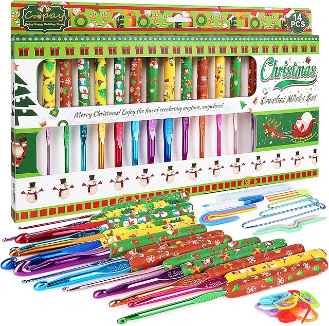 Coopay Crochet Hooks Set 14 Pack, Crochet Hooks Set for Chunky Yarn, Ergonomic Crochet Hooks Sets Soft Grip for Arthritic Hands, Crochet Hooks Sets for Beginners Children Kids, Christmas Crochet Kits