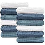Sunny zzzZZ Baby Muslin Washcloths -100% Cotton Muslin Soft Baby Bath Wash Cloths and Absorbent Burp Cloths for Newborns Kids Girls and Boys -12 Pack, 12x12 Inches - White+Light Navy Series