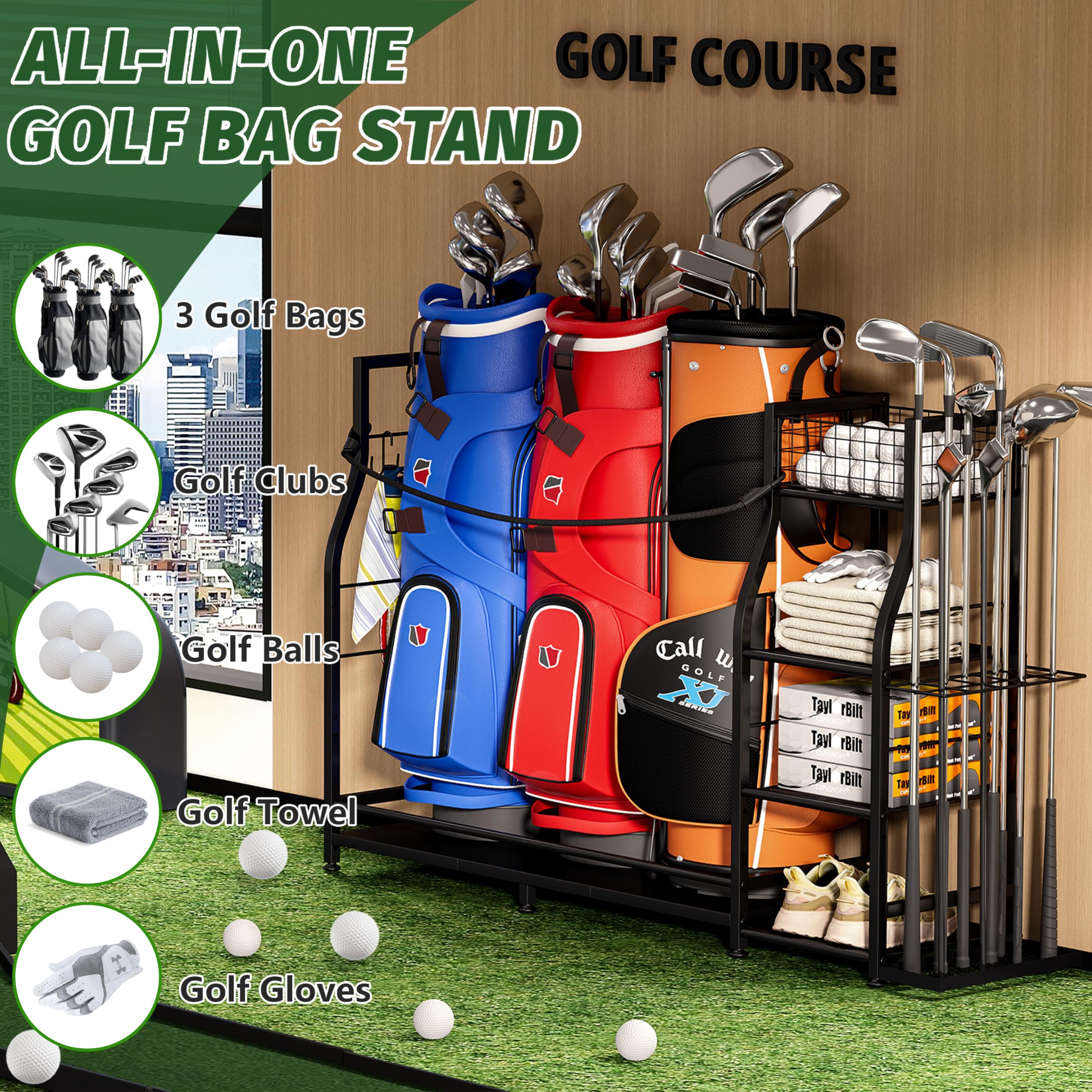 Golftaschenständer für Golftaschen-Zubehör, Golftaschen-Aufbewahrungs-Organizer passend für 3 Taschen für Garagenorganisation, Golf-Organizer mit zusätzlichem Aufbewahrungsregal für Golfschläger und