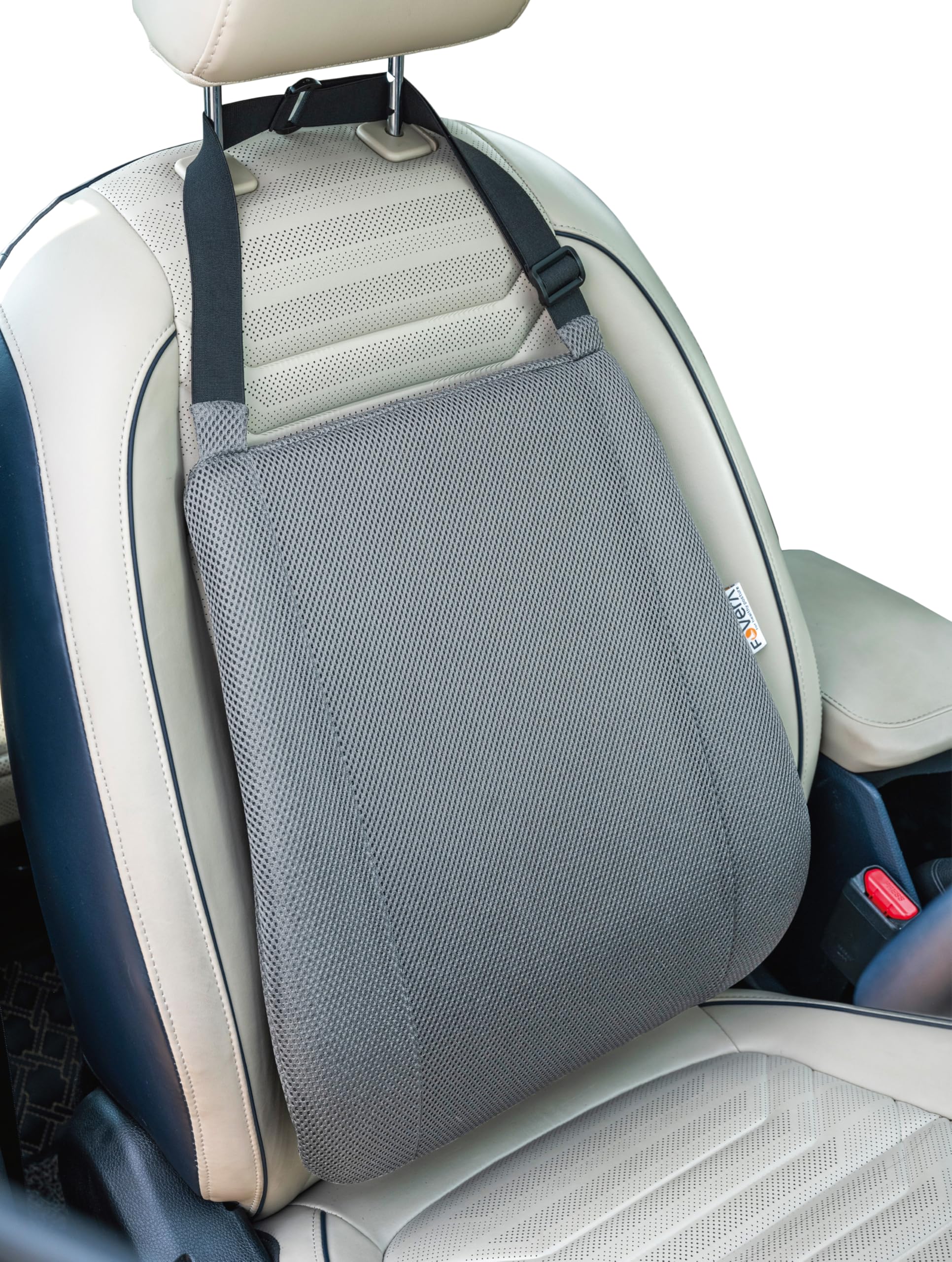 FOVERA Car Seat Back Support | 2 Years Warranty | Memory Foam Backrest Lumbar Support Cushion for Comfortable Long Drive & Daily Commute, Suitable for All Cars Seats (Grey, Pack of 1)