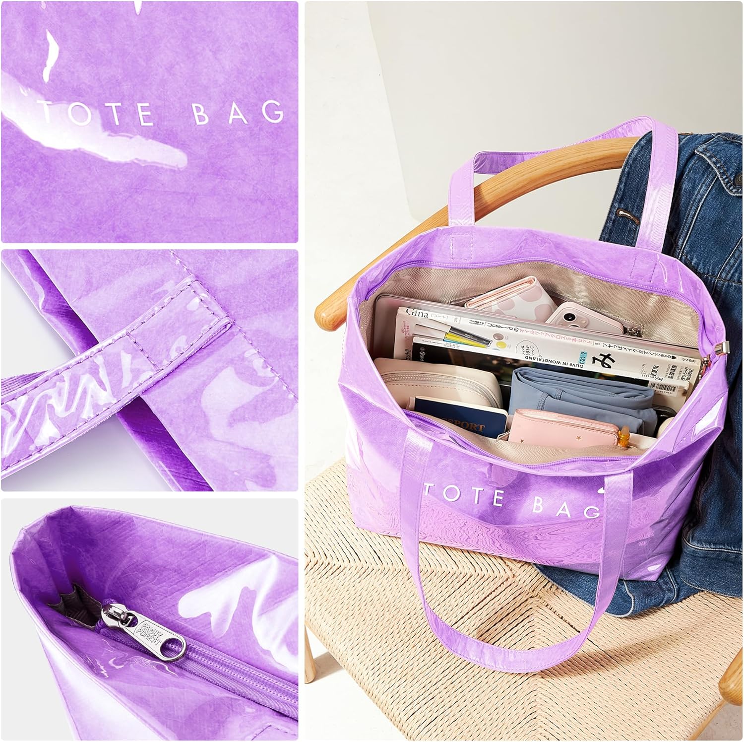 KALIDI PVC Zipper Tote Bag, Jelly Kraft Paper Beach Bag Large Hobo Carry All Travel Shopping Handbag Plastic Shoulder Bag - Image 6