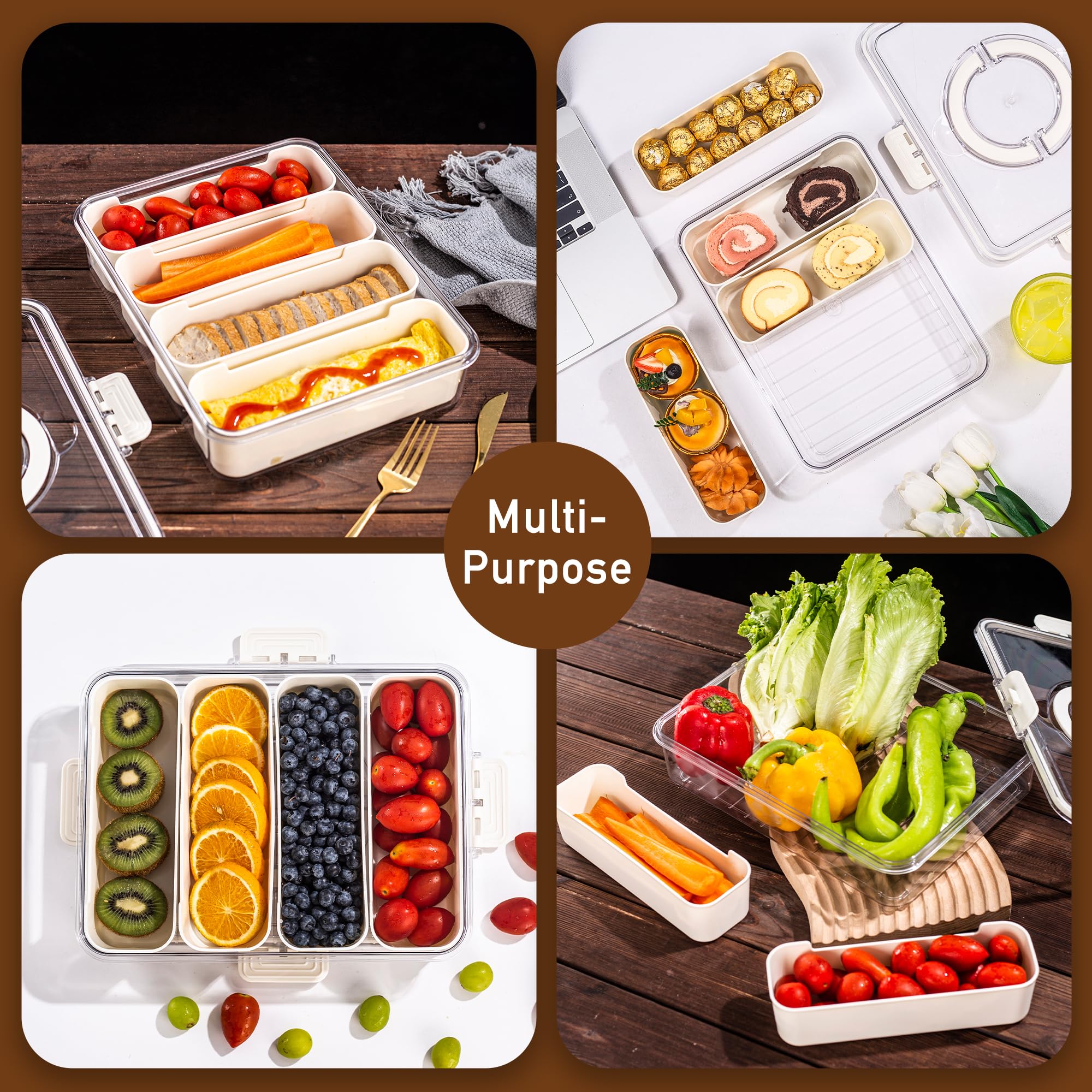 Bandesun Vassoio da portata diviso con coperchio e manico, contenitore per snack e salumi, contenitore portatile per snack, organizer trasparente per caramelle, frutta, noci, snack, 4 griglie