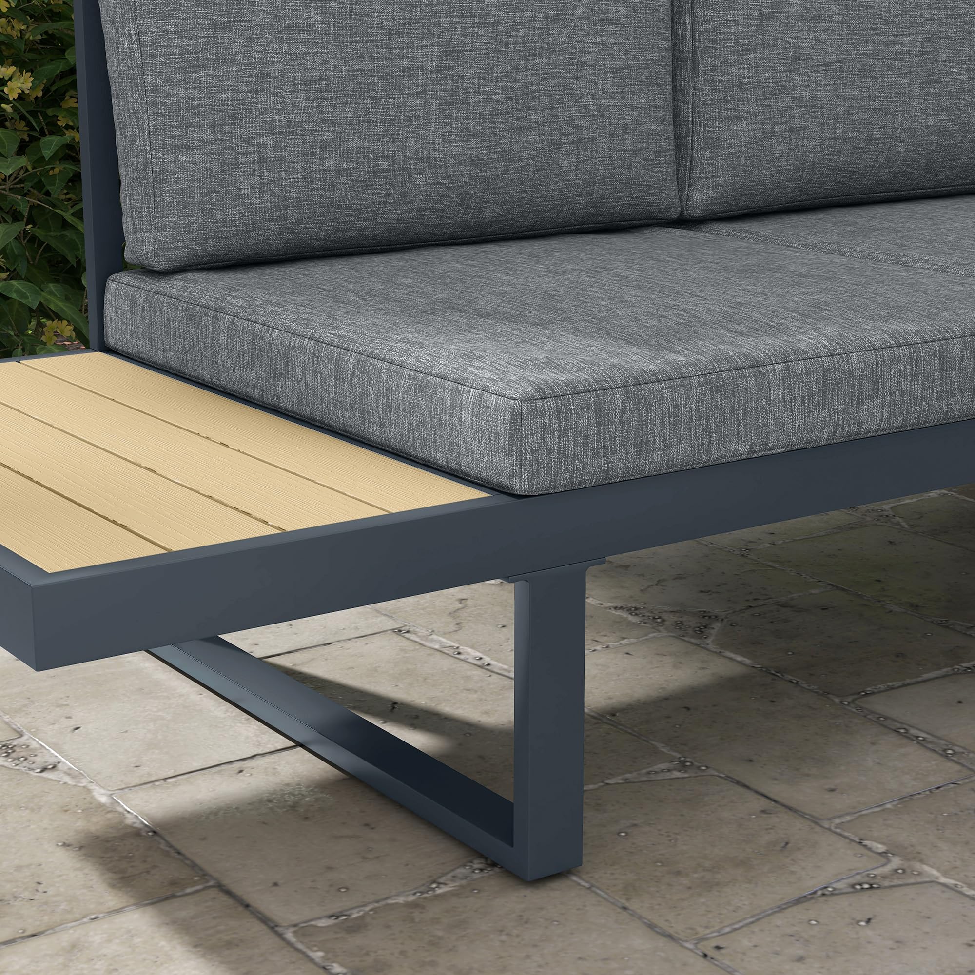 Outsunny Set da Giardino 4 Pezzi in Alluminio e Poliestere, Set da Esterno con 2 Divanetti 163x70x64 cm, Poltrona Angolare 70x70x64 cm e Tavolino da Caffè 102x60x30 cm, Grigio Scuro e Teak