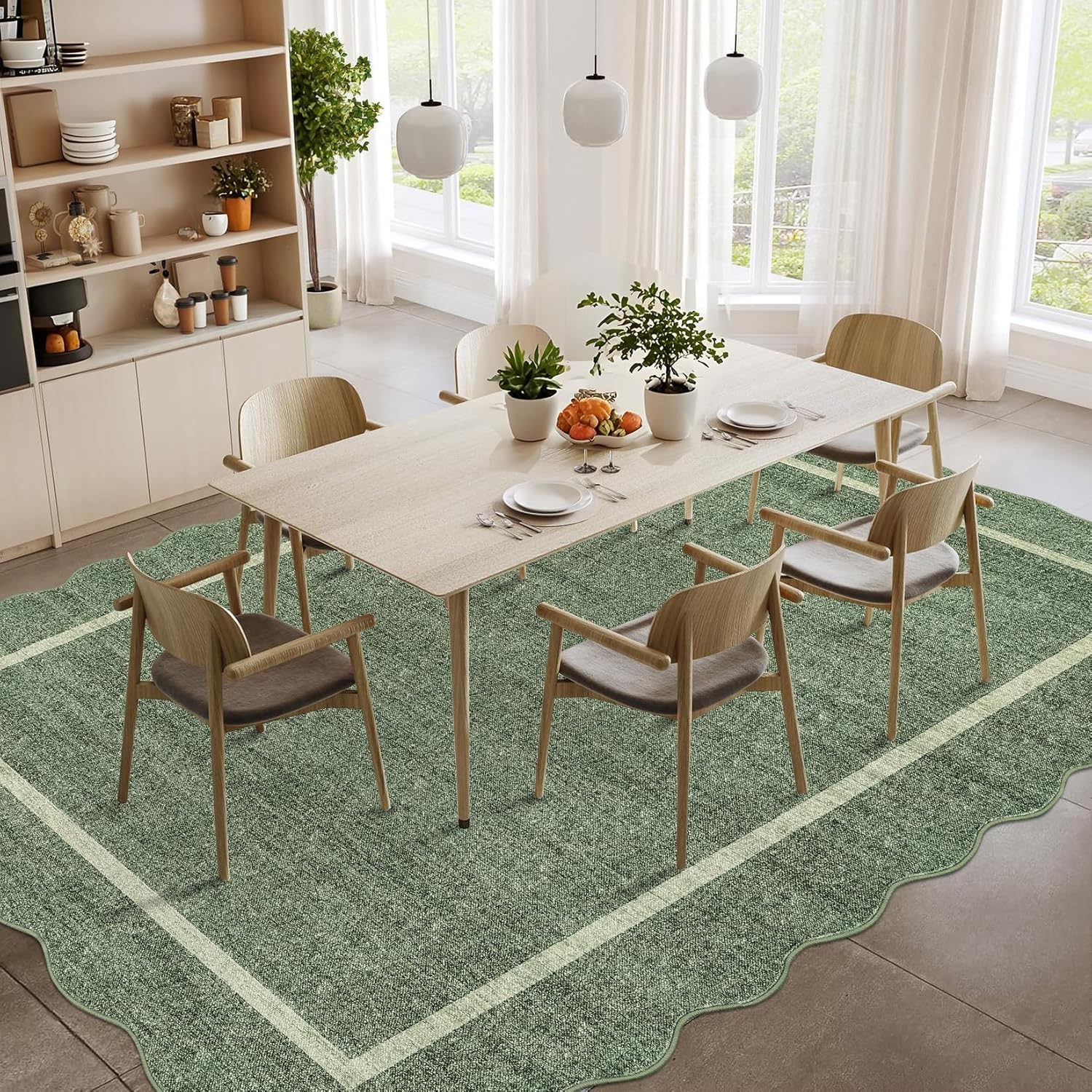 GarveeHome Scalloped Washable Rug 5x7 Area Rug for Living Room Modern Non Slip Throw Rugs Bedroom Rugs Low Pile Soft Non Shedding Stain Resistant Carpet for Dining Room Nursery 5'x7' Greyish Green - Image 9