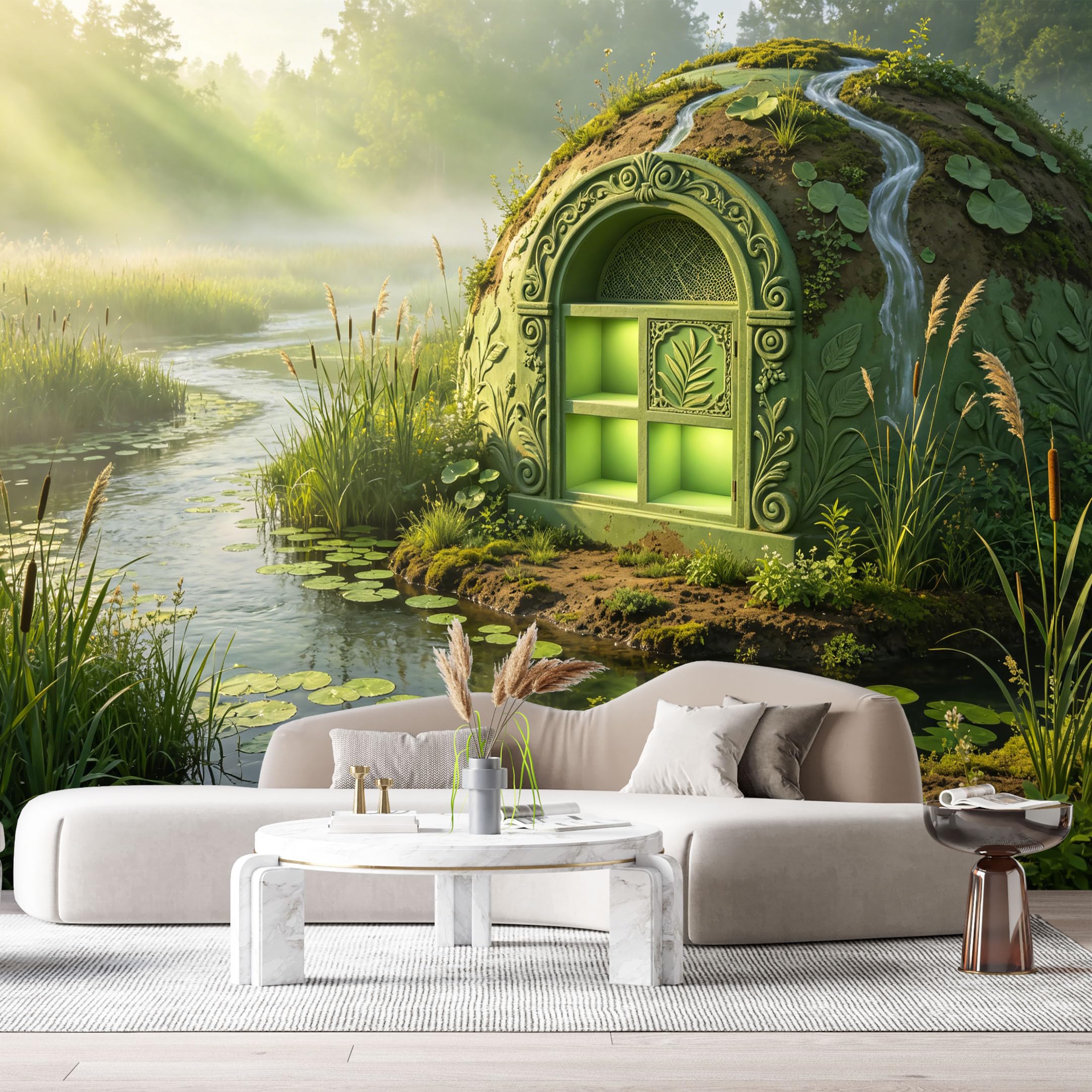Custom Size Wall Murals Fantasy Landscape Dome Stream Moss Green Carvings 3D Trompe L'Oeil SelfAdhesiveWall Fabric Removable Wallpaper Wall Decor for Living Room Bedroom Bathroom
