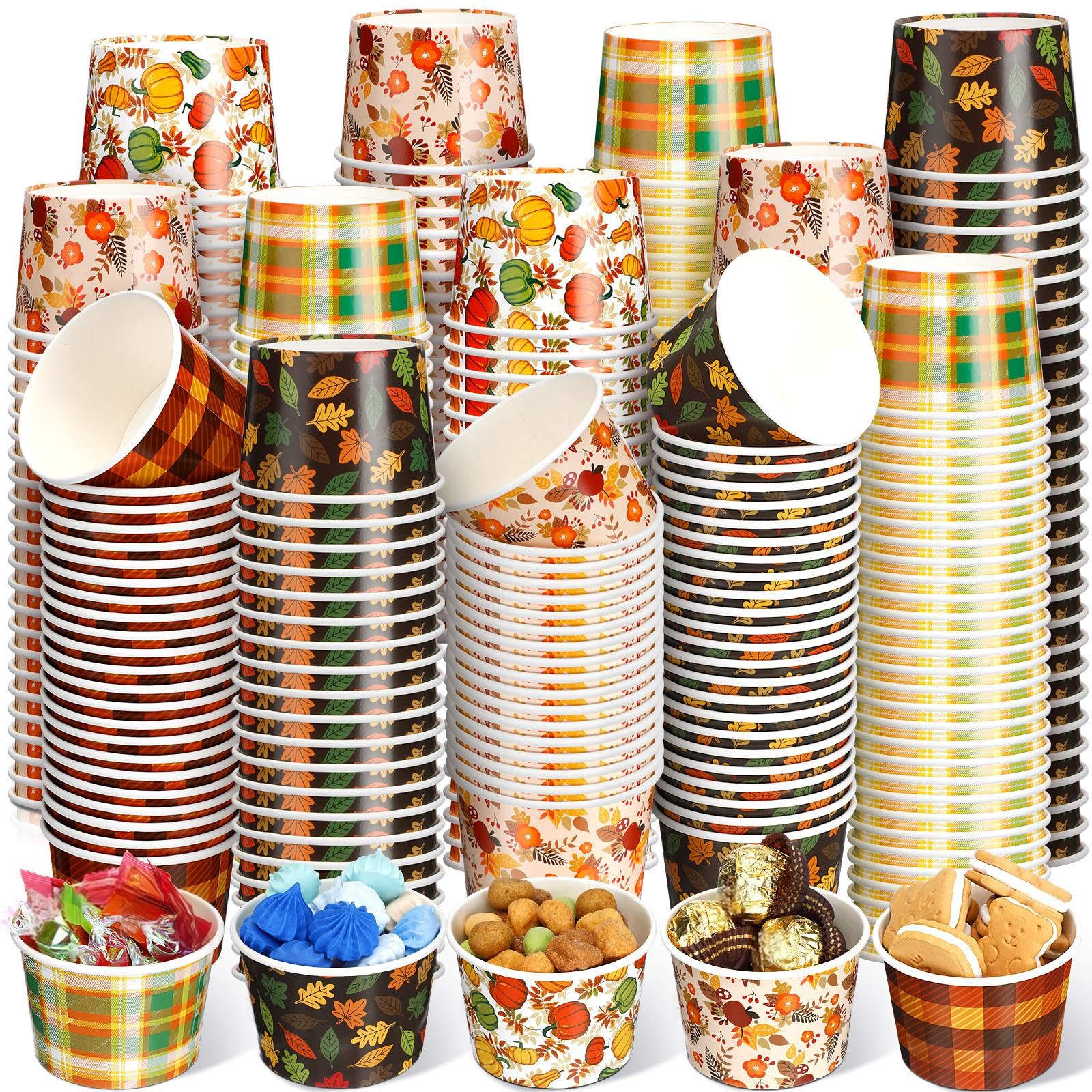 Uiifan 200 Pcs 9oz Fall Paper Bowls Thanksgiving Disposable Bowls Autumn Leaves Pumpkin Bowls Holiday Dessert Salad Snack Soup Cups for Party Supplies
