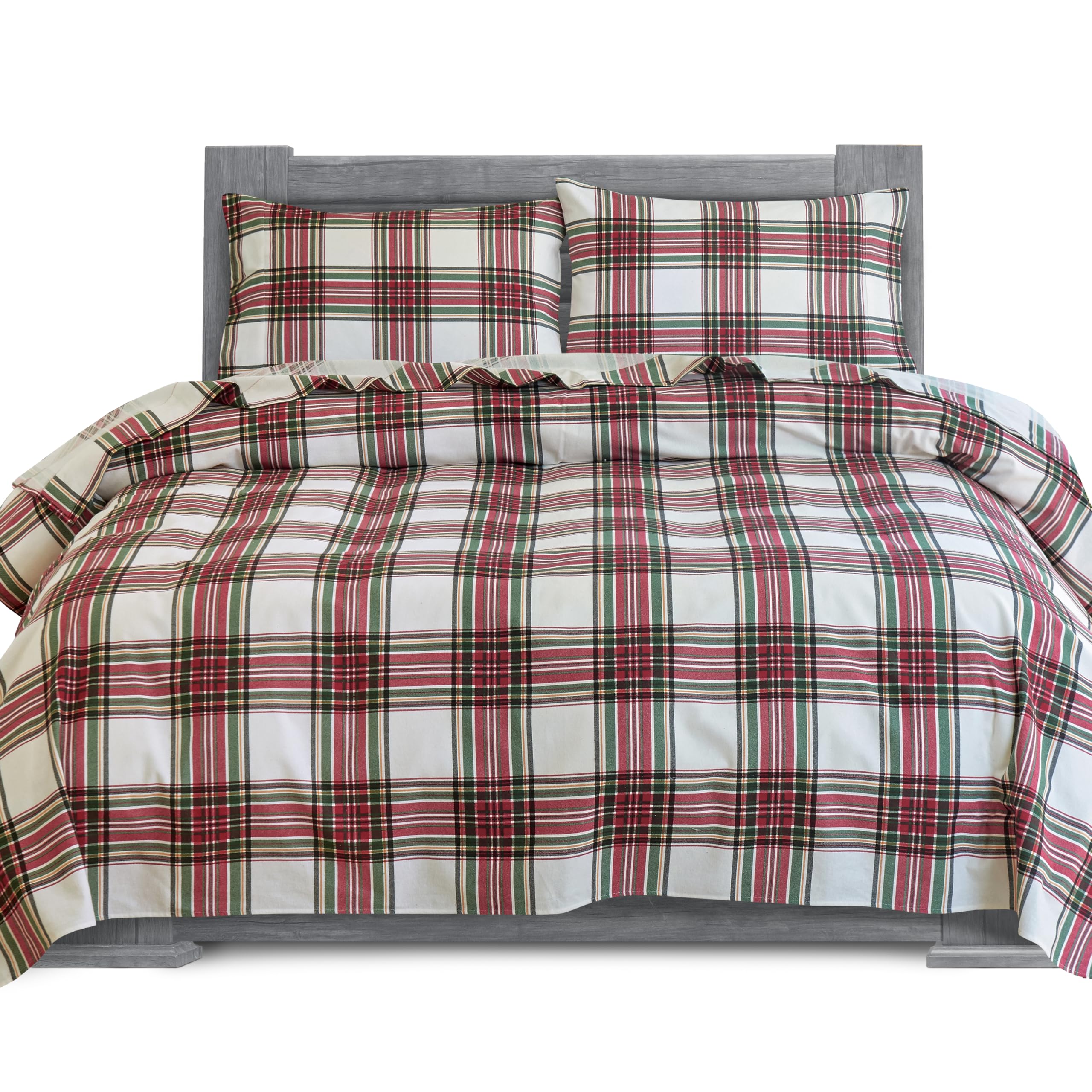 Elegant Comfort Soft 4-Piece 100% Turkish Cotton Flannel Sheet Set - Premium Quality, Deep Pocket Fitted Sheet, Ultra Soft, Cozy Warm Flannel Sheets - Cali King, Plaid Ivory