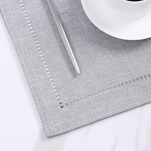 Miniatura 4 de Juego de 6 manteles individuales, 19 x 13 pulgadas, lavables, antideslizantes, tela de lino de imitación de granja (beige y blanco)