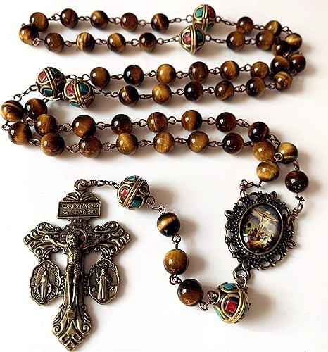 elegantmedical HANDMADE Vintage Catholic Tiger Eye and Nepal Beads