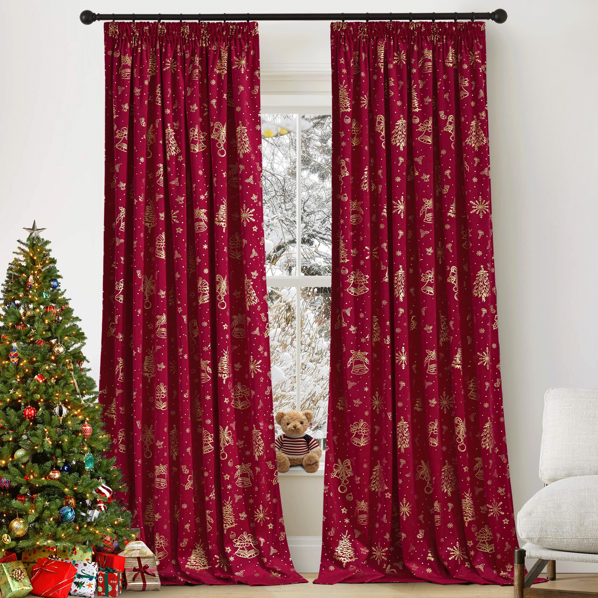 PONY DANCE Cortinas Navideñas de Terciopelo Cortinas Aislantes Termicas para Riel Cortinas Salon Opacas Cortinas Estampadas Rojas Cortinas Dormitorio (240 g/m2), 127x240 CM