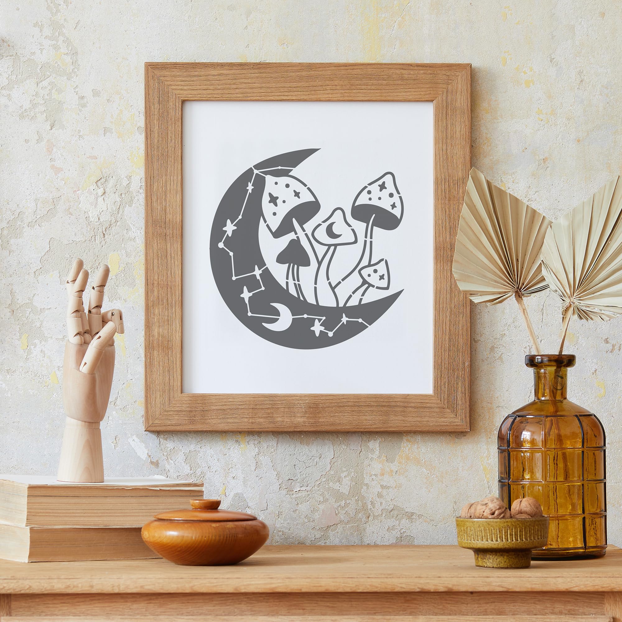 Keluna Plantillas de hongos para pintura, 18 piezas de arte bohemio, 12 pulgadas, plantilla de dibujo de fase de luna creciente reutilizable para pared de madera, lienzo, decoración del hogar