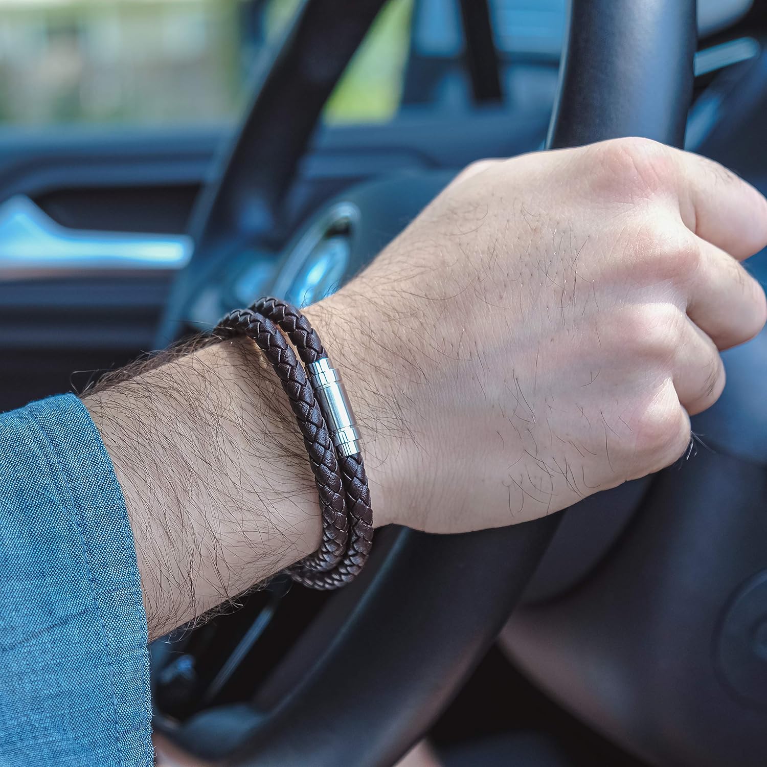 globi Leather Bracelet For Men | Genuine Wrap Braided Leather Cuff Bangle Bracelet with Magnetic Stainless Steel Clasp For Men/Women - Image 3