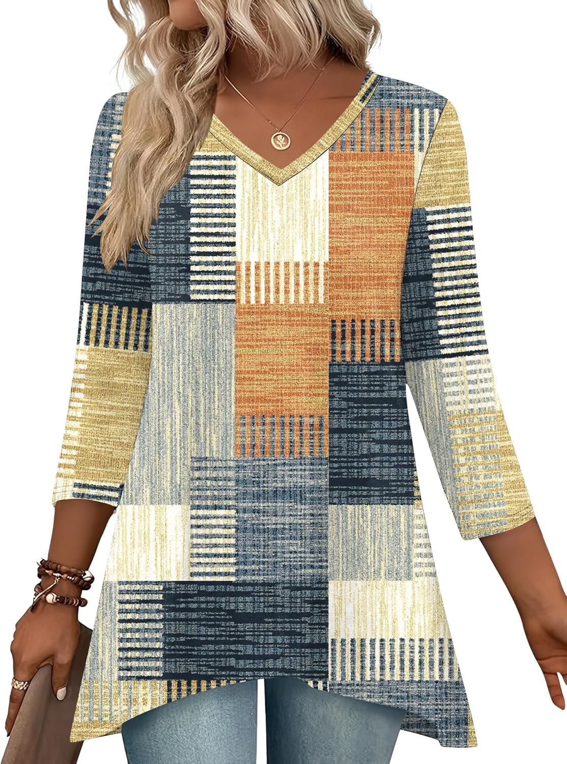 LUYAA 3/4 Length Sleeve Womens Tops V Neck Loose Fit Dressy Casual Blouse Flowy Shirts Plus Size Womens Clothing S-3XL