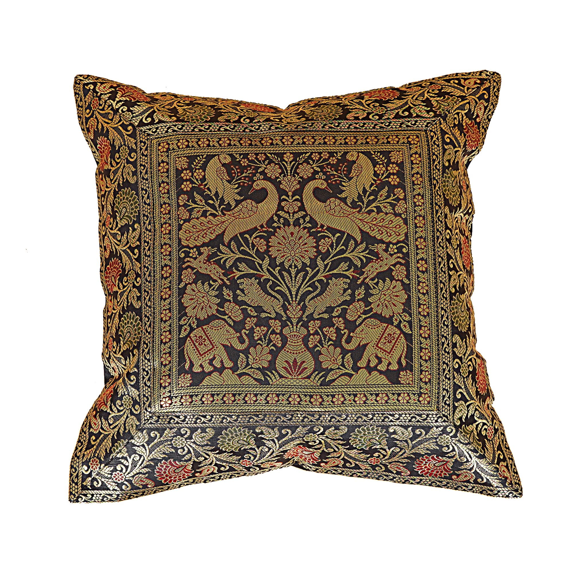 Rajasthali Black Indian 16X16 Inch (41X41 Cm) Elephant Banarsi Silk Indian Ethnic Bohemian Decorative Cushion Cover Handcrafted Patchwork Sari Throw Pillow Boho Decor Cushion Covers For Gift (Silk Elephant)