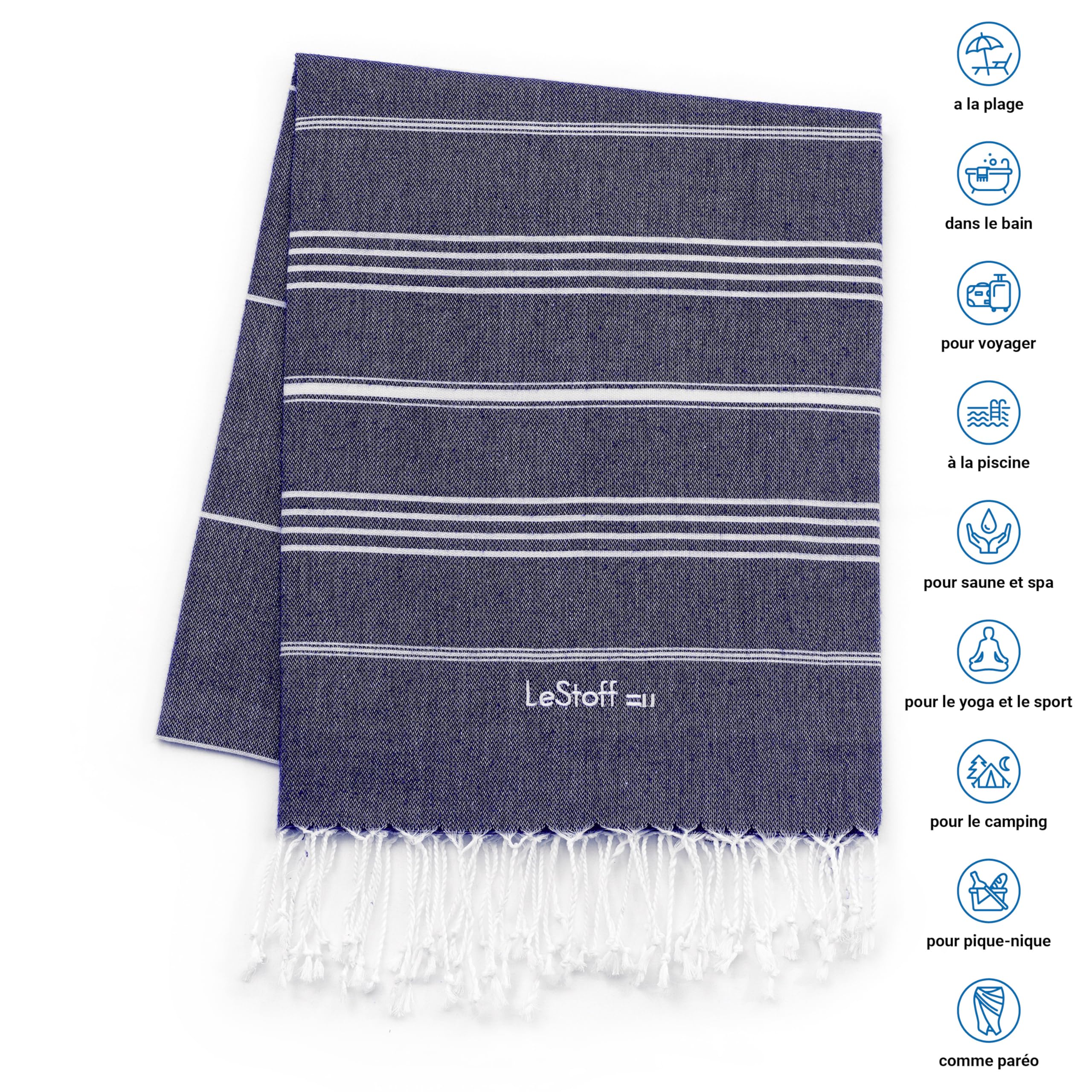 LeStoff 2 foutas hammam, 100% Coton Bio, 95x180 cm, Bleu Marine/Bleu Clair | Serviettes de plage, sauna, bain, douche, yoga, voyage et spa – prélavées, durables, légères, absorbantes, séchage rapide