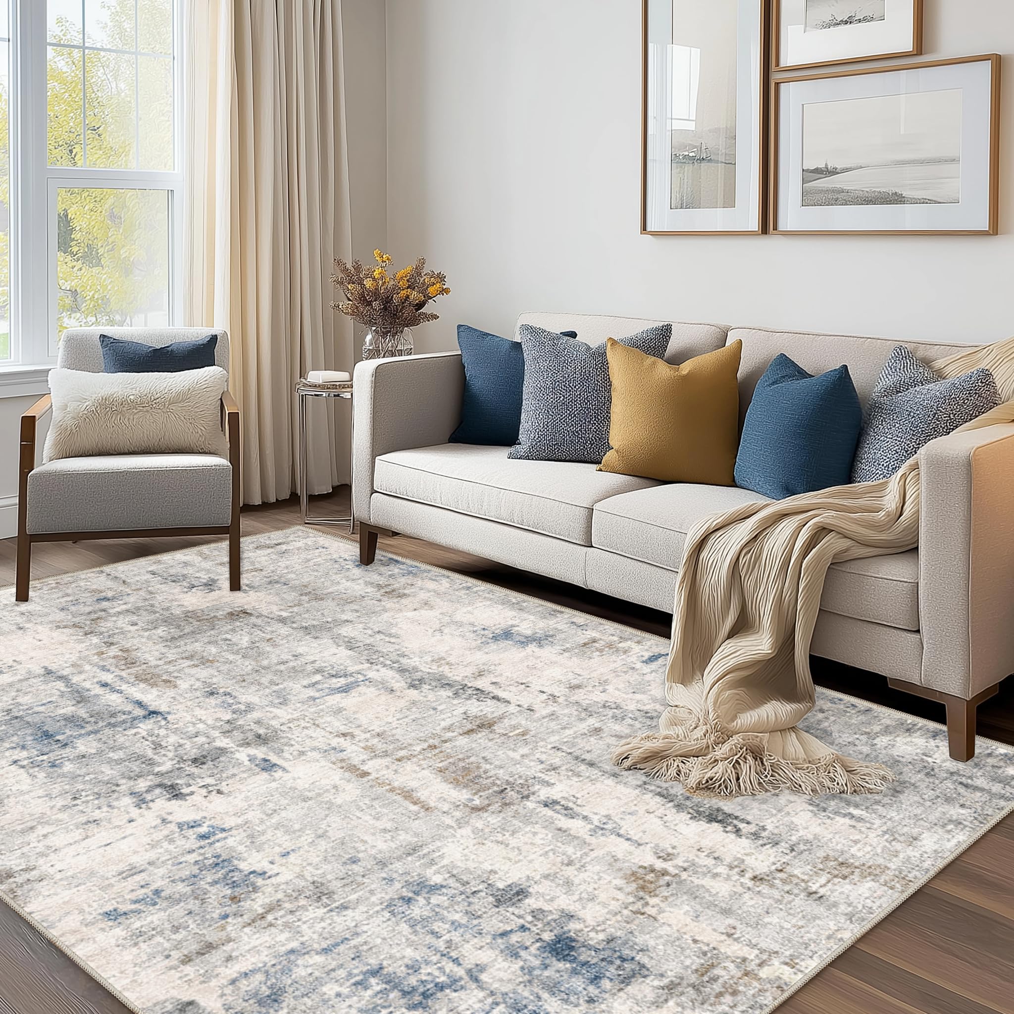 FMFUNCTEX 5x7 Washable Area Rug Brown Blue Abstract Modern Neutral Non Slip Low Pile Indoor Carpet Soft Throw Rug for Entryway Entrance Living Room
