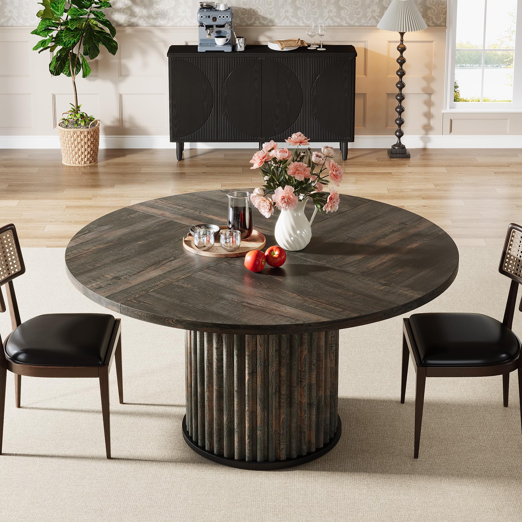 Tribesigns Tavolo da pranzo rotondo da 120 cm per 4 – 6 persone, moderno tavolo da cucina in MDF scanalato + base in metallo, robusto mobile rotondo per sala da pranzo, nero marrone
