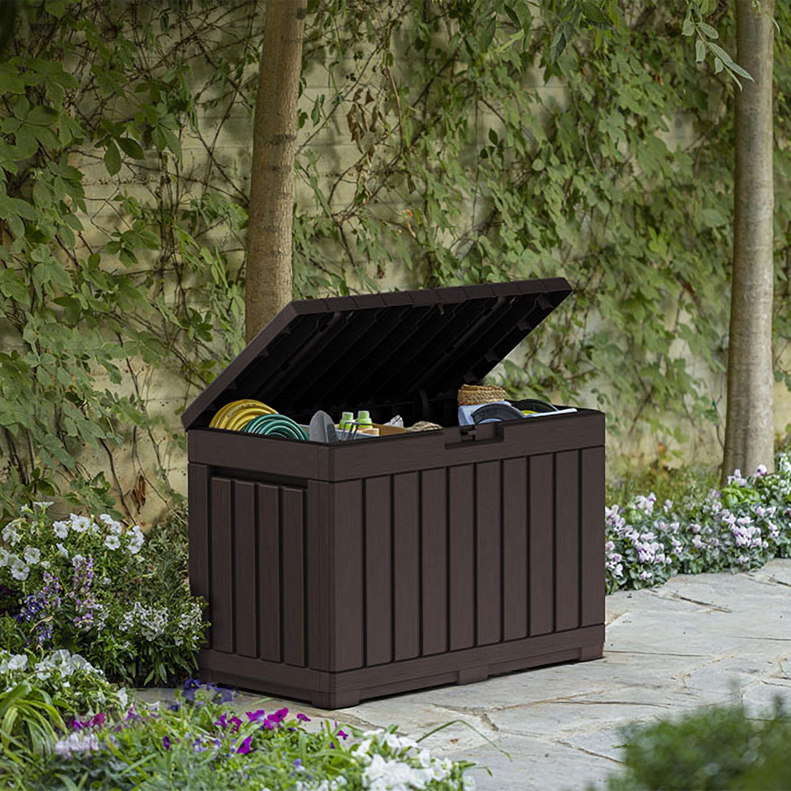 Keter Kentwood 190L Outdoor Resin Garden Storage Box, Brown | Weatherproof Wood‑Effect Panels | Stores Cushions, Garden Tools & Outdoor Accessories | Lockable Lid & Extra Seating - 4